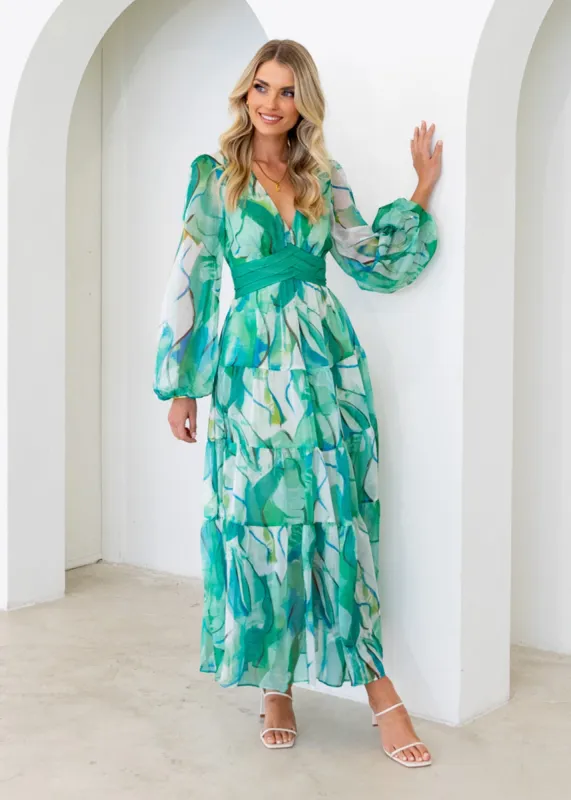 Larosse Maxi Dress - Green Watercolour sold by Gingham & Heels