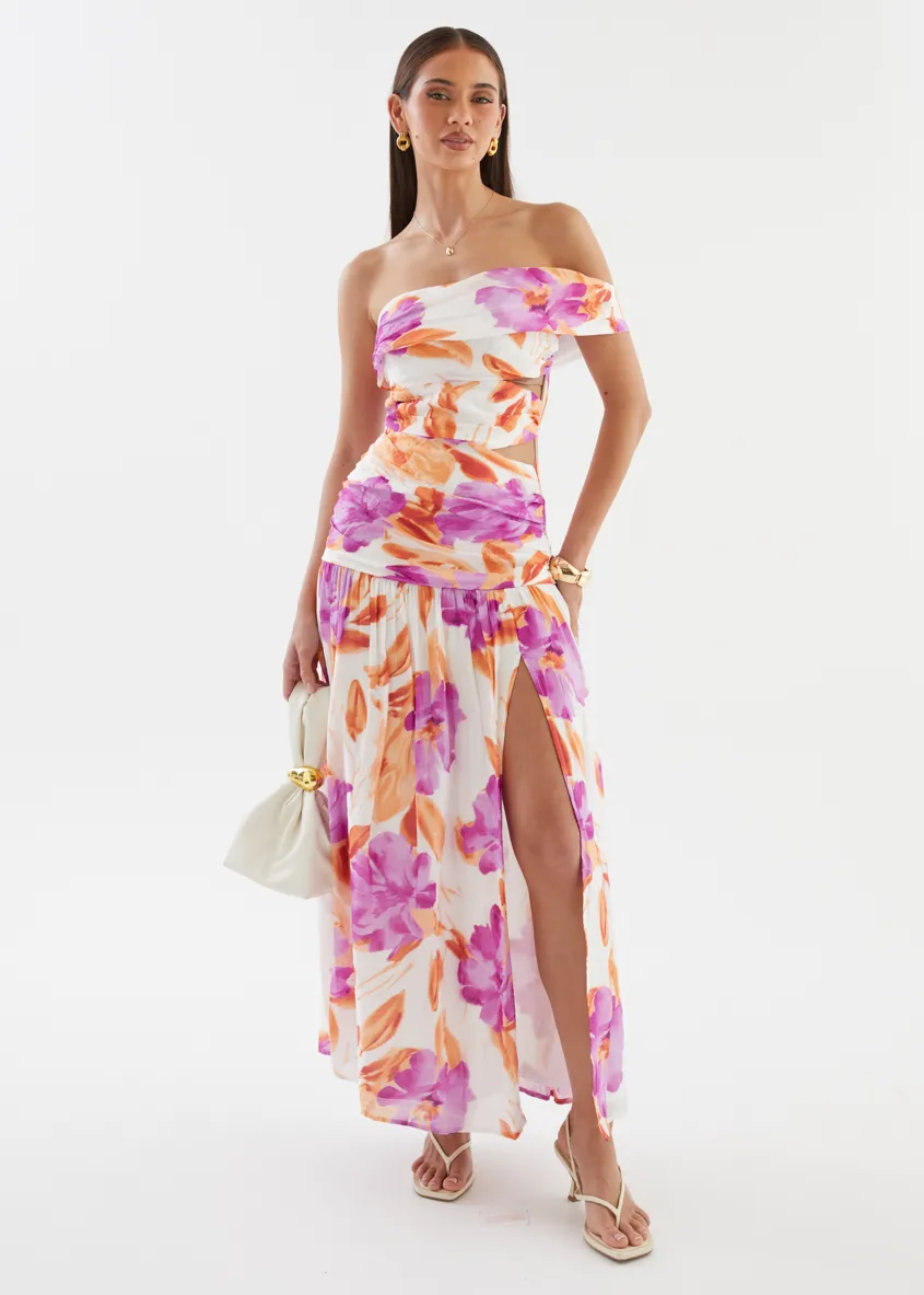 Shari One Shoulder Maxi Dress - Purple Flowers sold by Gingham & Heels