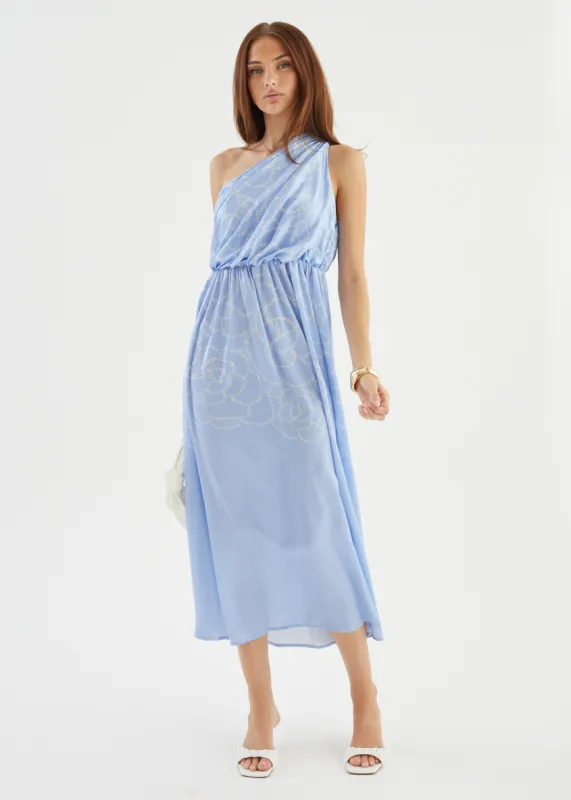 Korah One Shoulder Midi Dress - Blue Abstract sold by Gingham & Heels