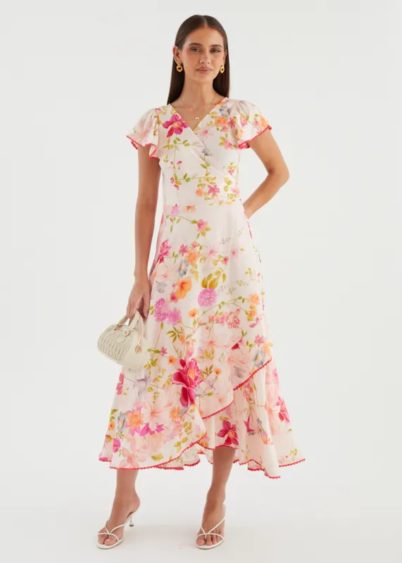 Lyle Wrap Midi Dress - Pink Floral sold by Gingham & Heels