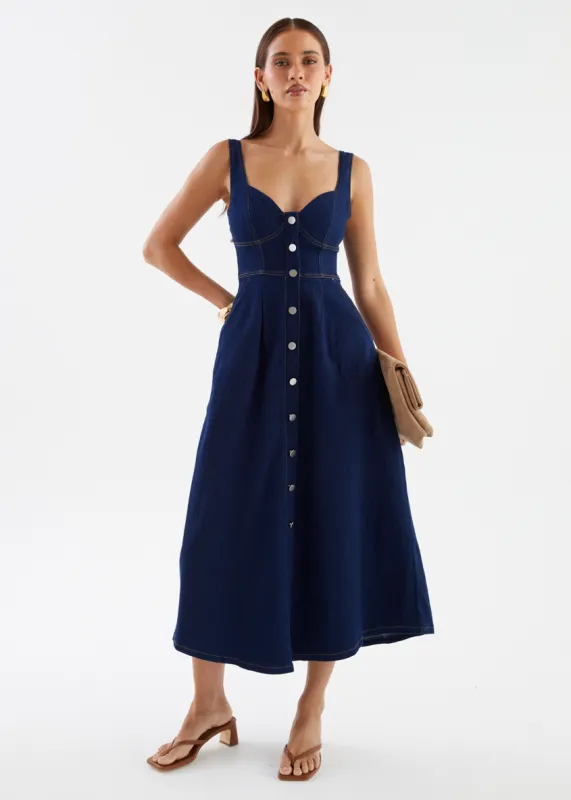Deja Denim Midi Dress - Dark Blue sold by Gingham & Heels