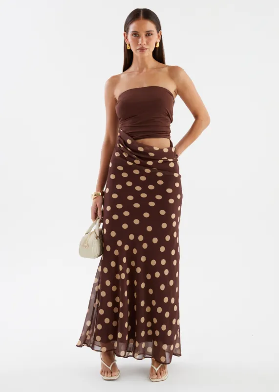 Tissy Strapless Maxi Dress - Chocolate Polka sold by Gingham & Heels