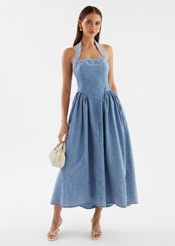 Harleen Halter Midi Dress - Blue Wash sold by Gingham & Heels