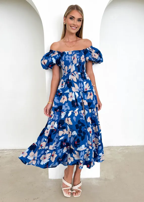 Yariska Midi Dress - Cobalt Flowers sold by Gingham & Heels