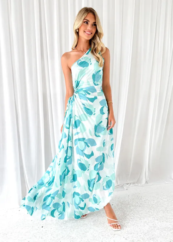Dame One Shoulder Midi Dress - Green Abstract sold by Gingham & Heels