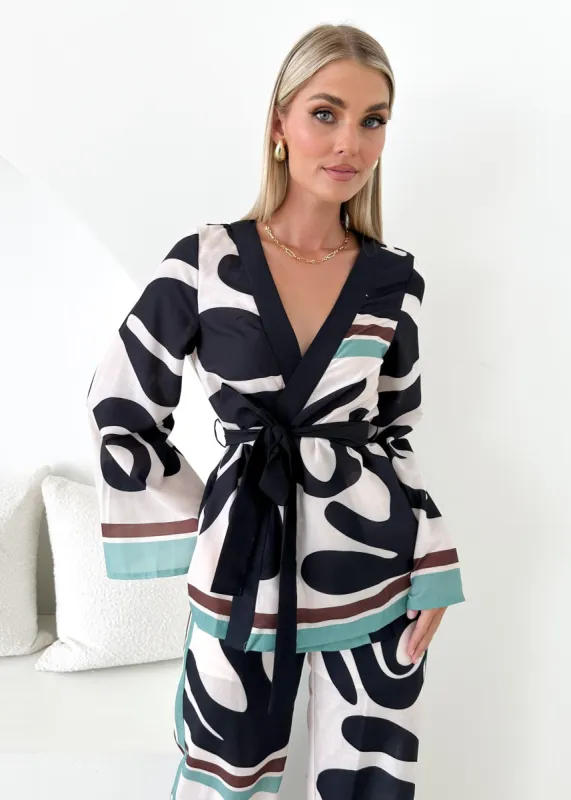 Tilar Wrap Top - Cream Abstract sold by Gingham & Heels