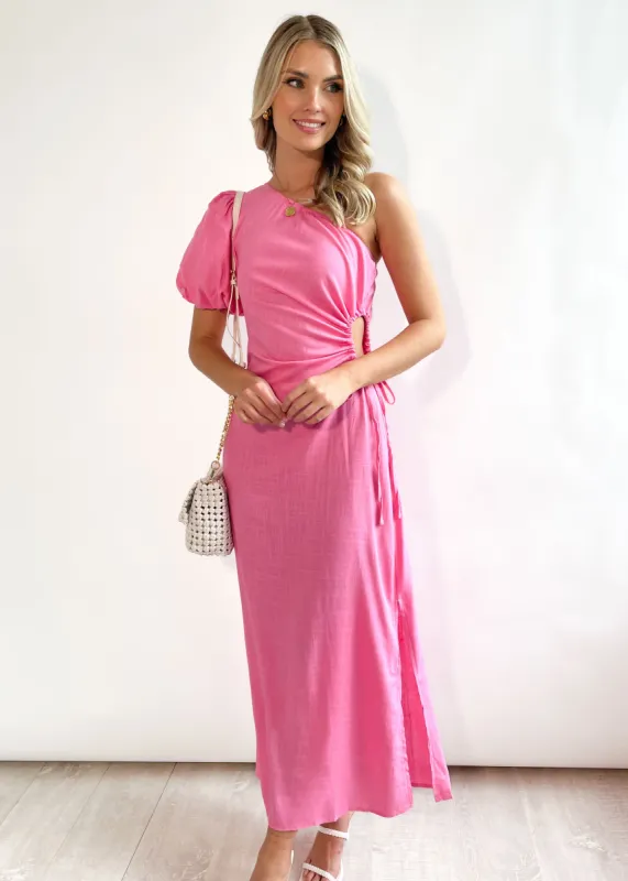 Melrose One Shoulder Midi Dress - Pink sold by Gingham & Heels