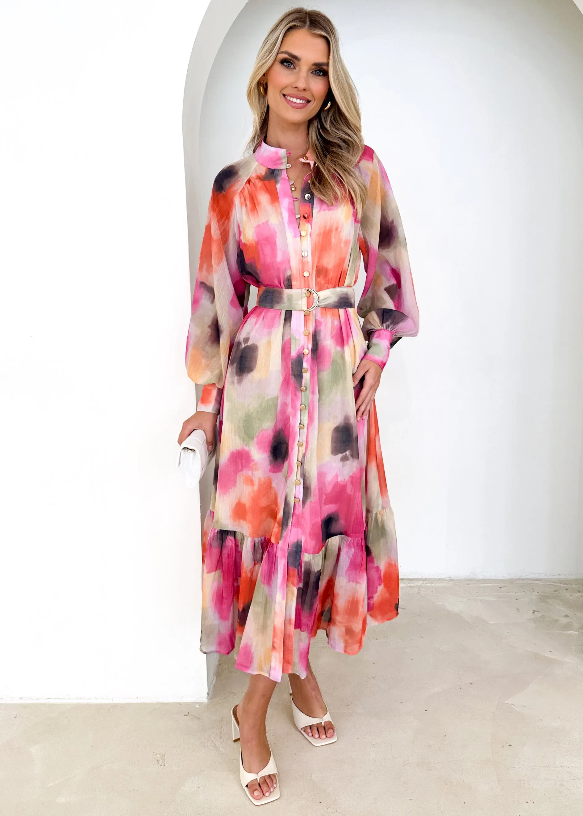 Sadie Midi Dress - Pink Splash sold by Gingham & Heels