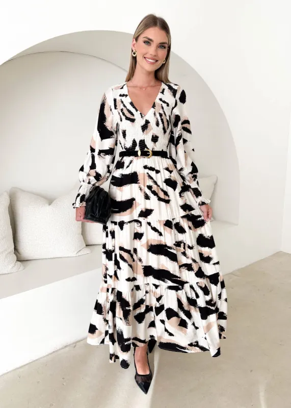 Angee Maxi Dress - Beige Abstract sold by Gingham & Heels