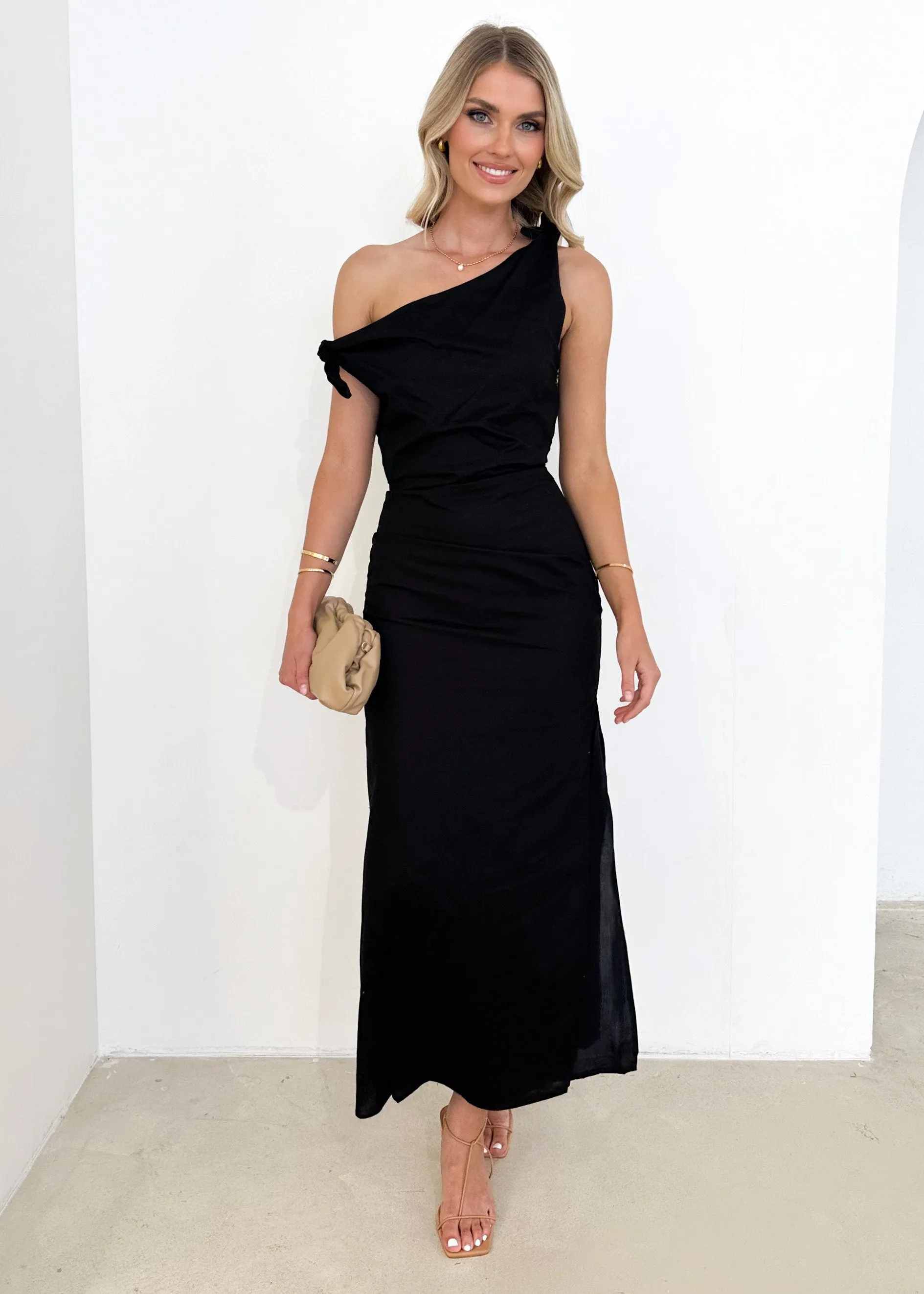 Lanto One Shoulder Midi Dress - Black sold by Gingham & Heels