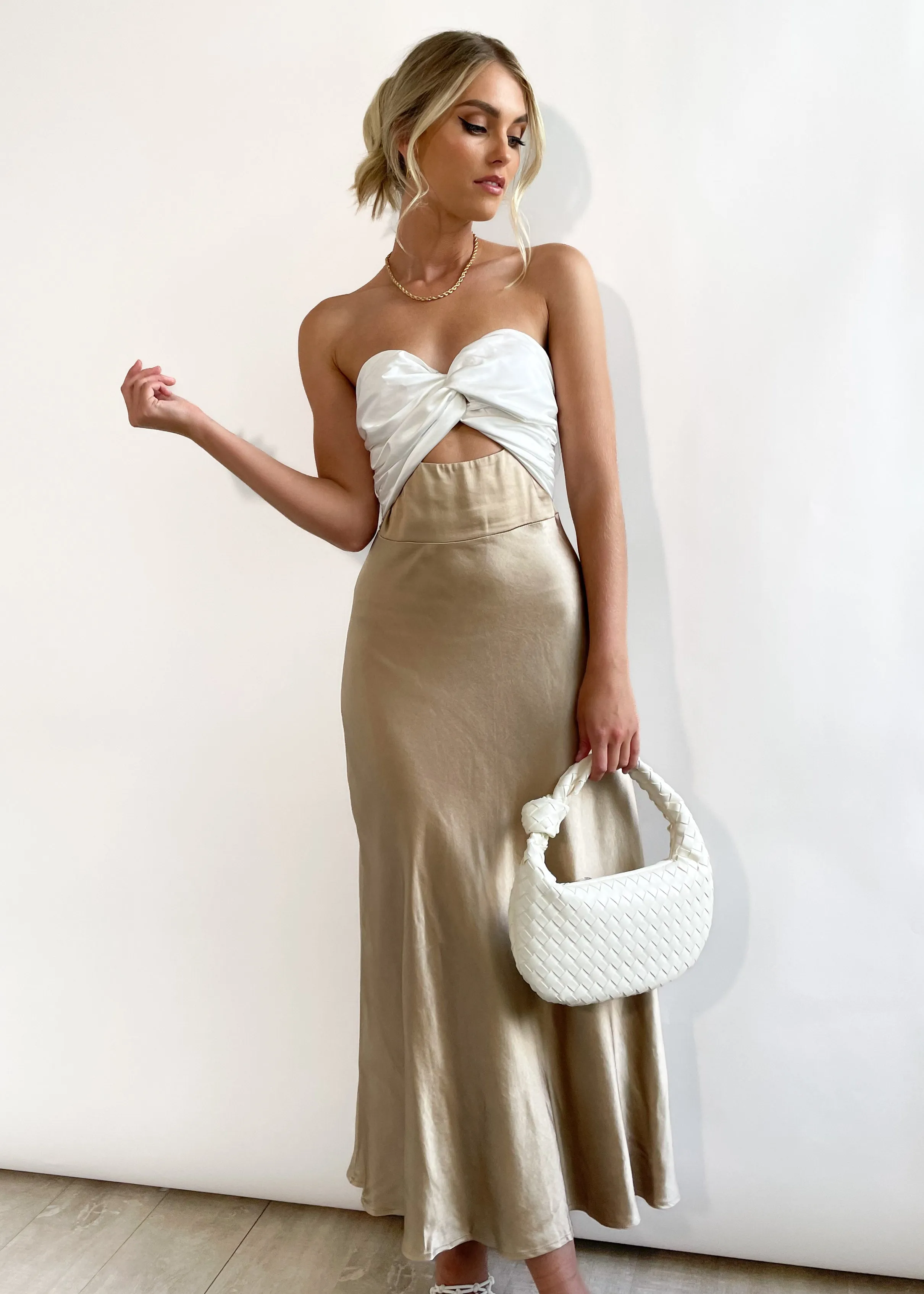Luella Strapless Midi Dress - Gold sold by Gingham & Heels