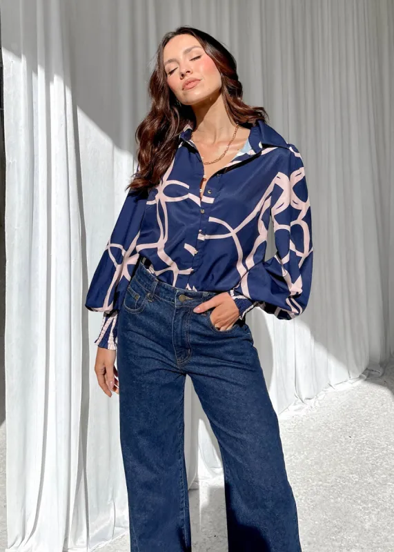 Kaylen Shirt - Navy Ribbon sold by Gingham & Heels