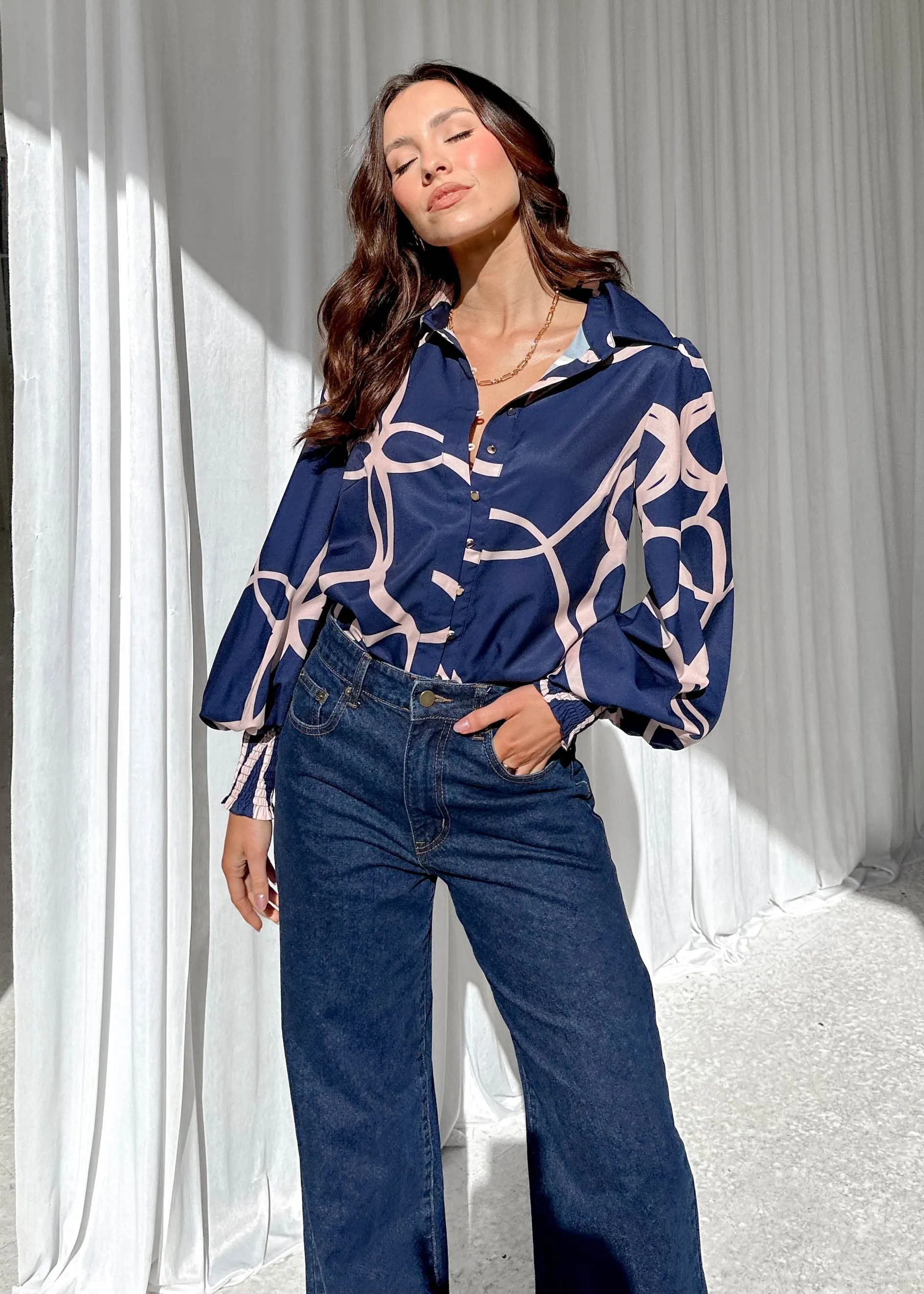 Kaylen Shirt - Navy Ribbon sold by Gingham & Heels