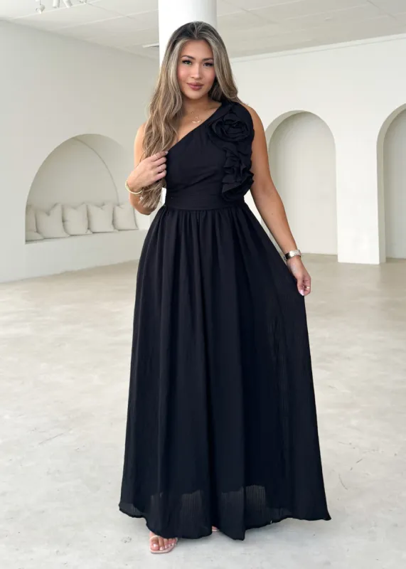 Essja One Shoulder Midi Dress - Black sold by Gingham & Heels