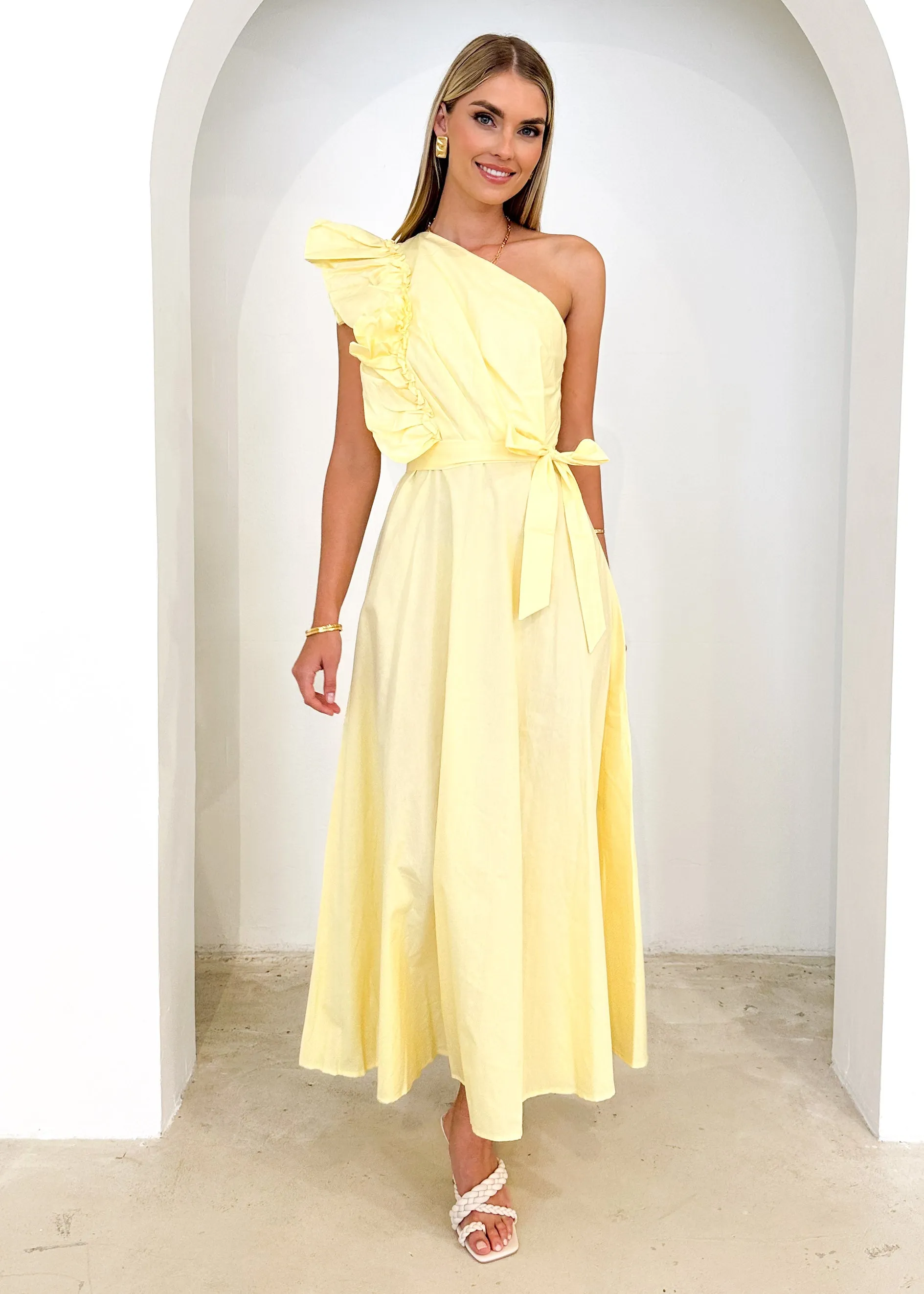 Rowler One Shoulder Midi Dress - Lemon sold by Gingham & Heels product image thumbnail 3