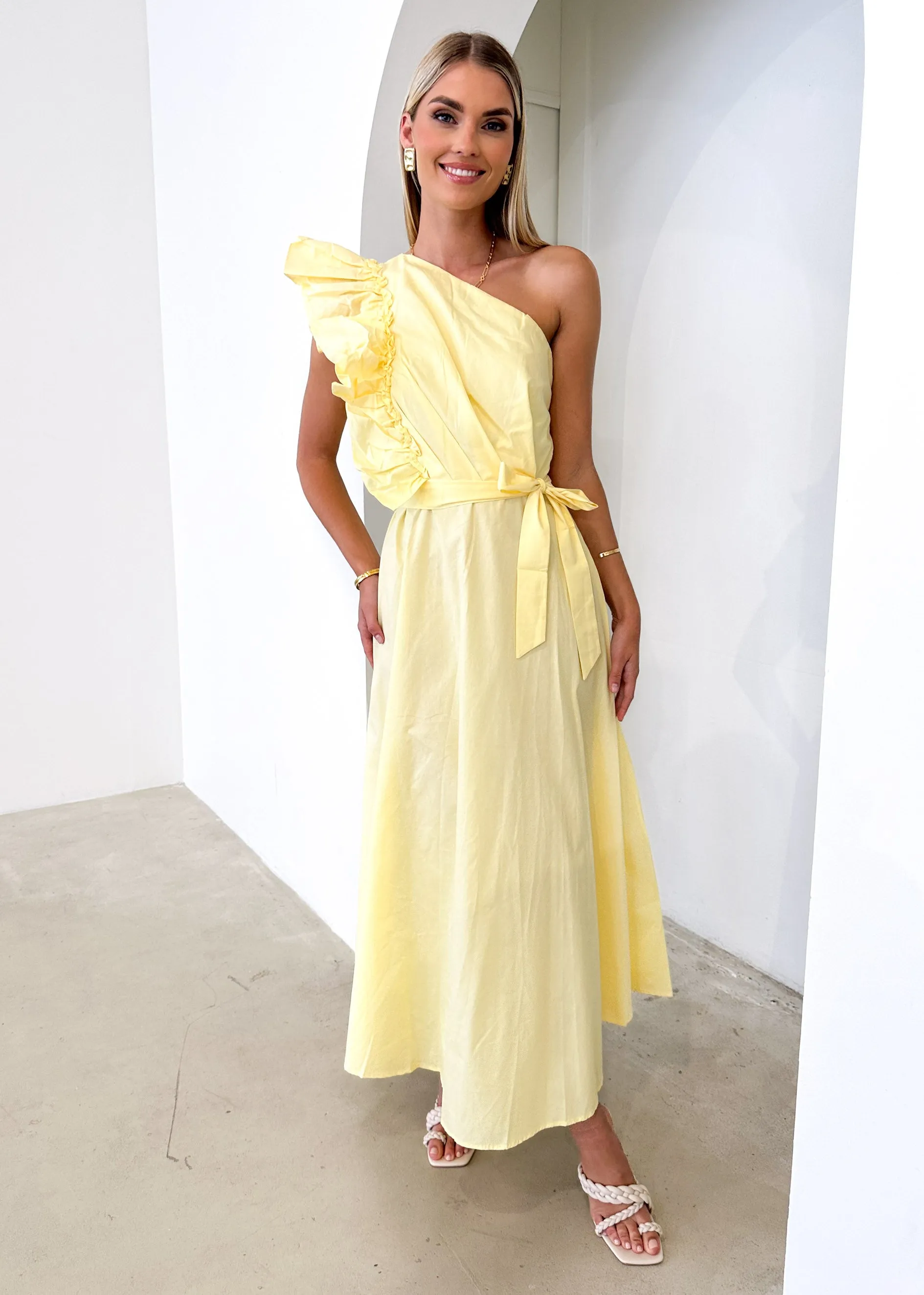 Rowler One Shoulder Midi Dress - Lemon sold by Gingham & Heels product image thumbnail 4
