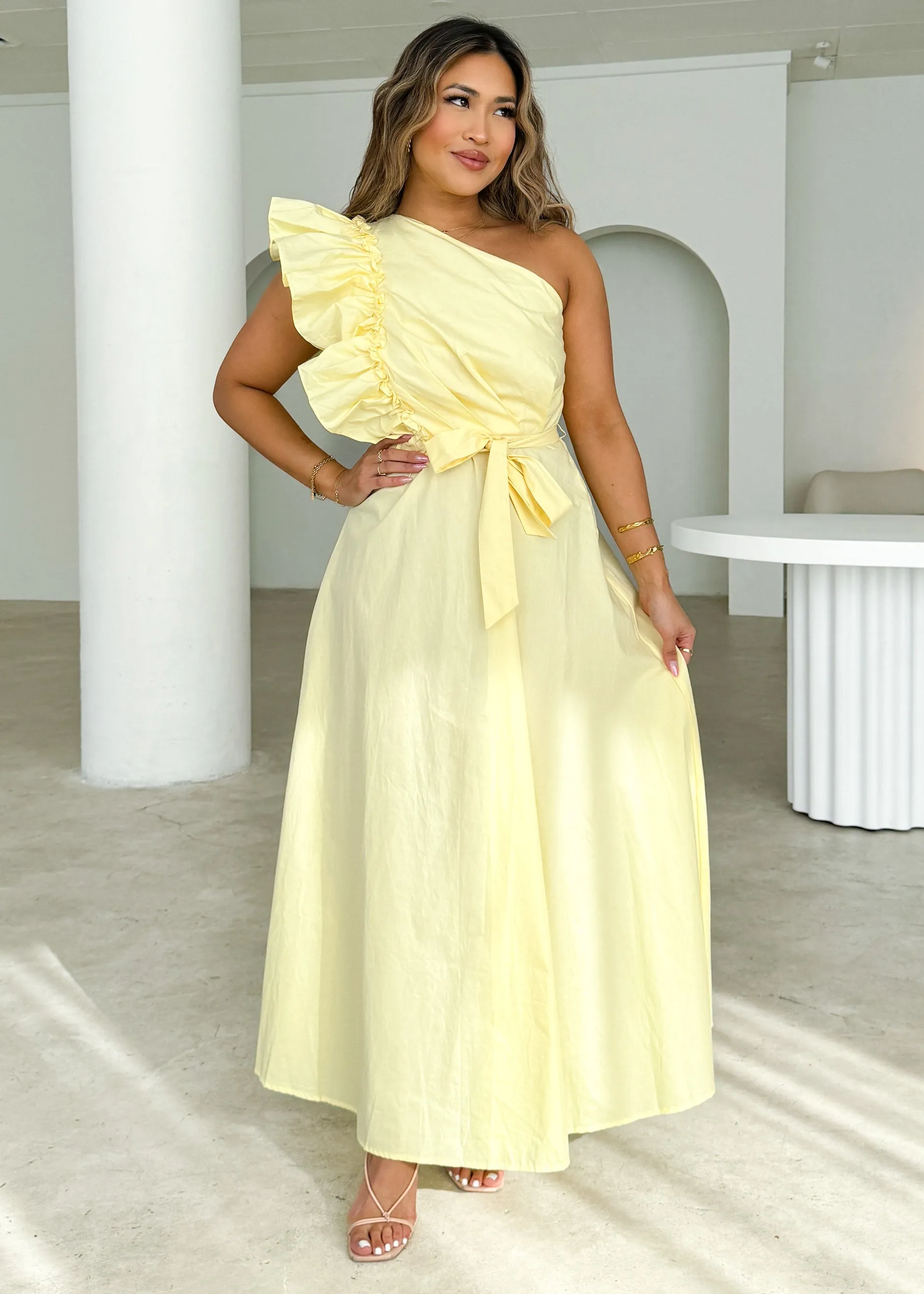 Rowler One Shoulder Midi Dress - Lemon sold by Gingham & Heels