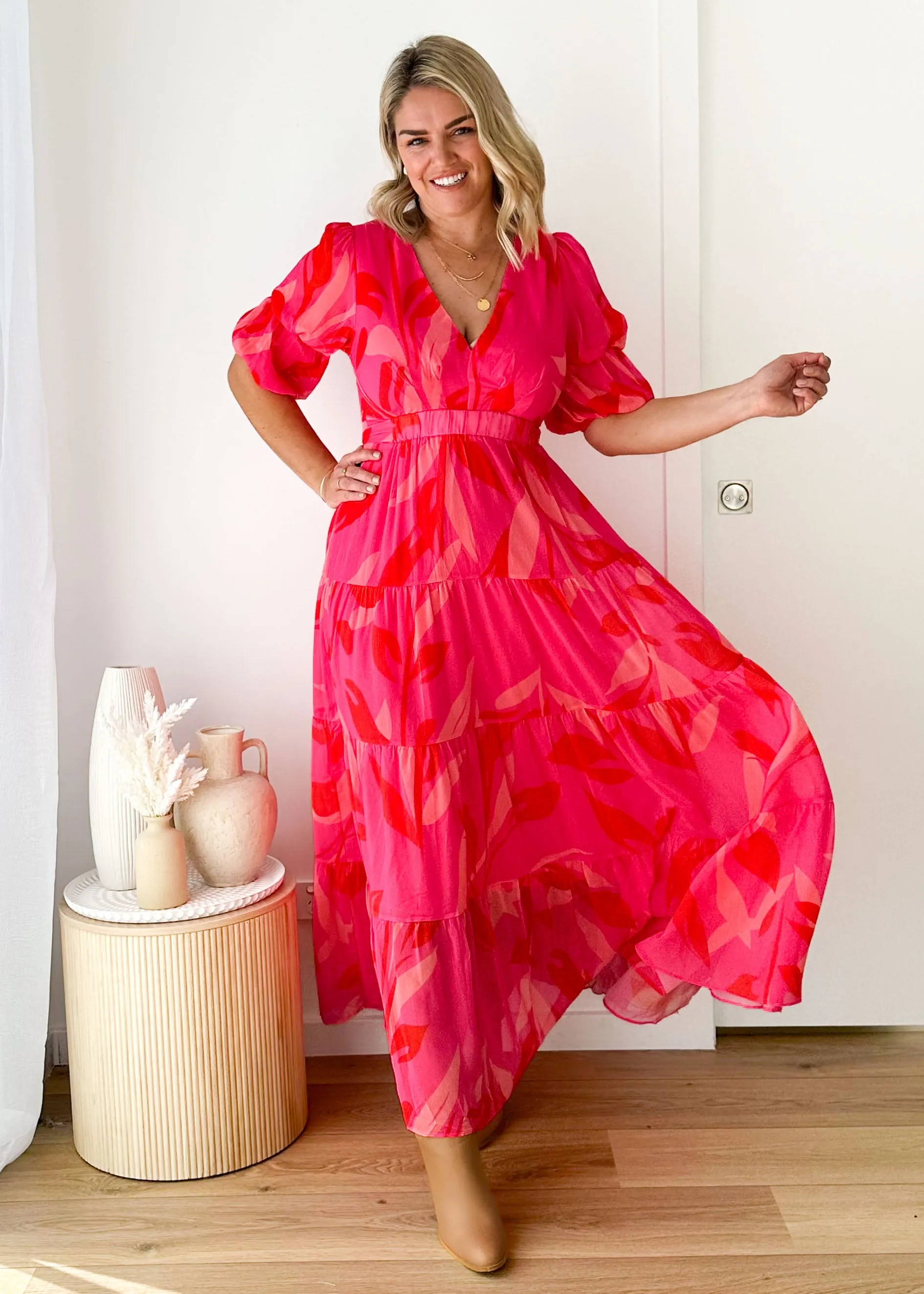 Isobel Midi Dress - Magenta Leaf sold by Gingham & Heels product image thumbnail 4