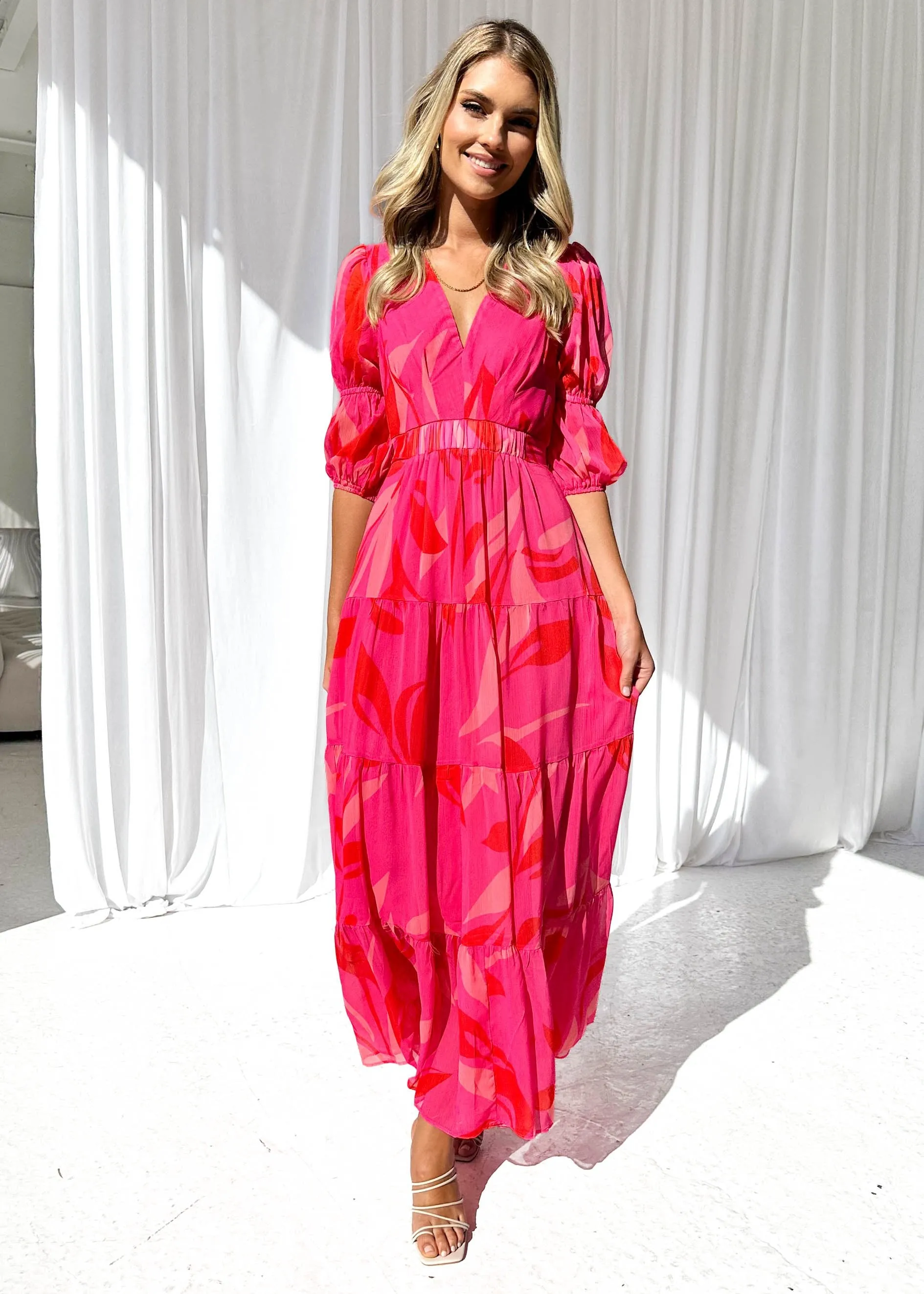 Isobel Midi Dress - Magenta Leaf sold by Gingham & Heels product image thumbnail 5