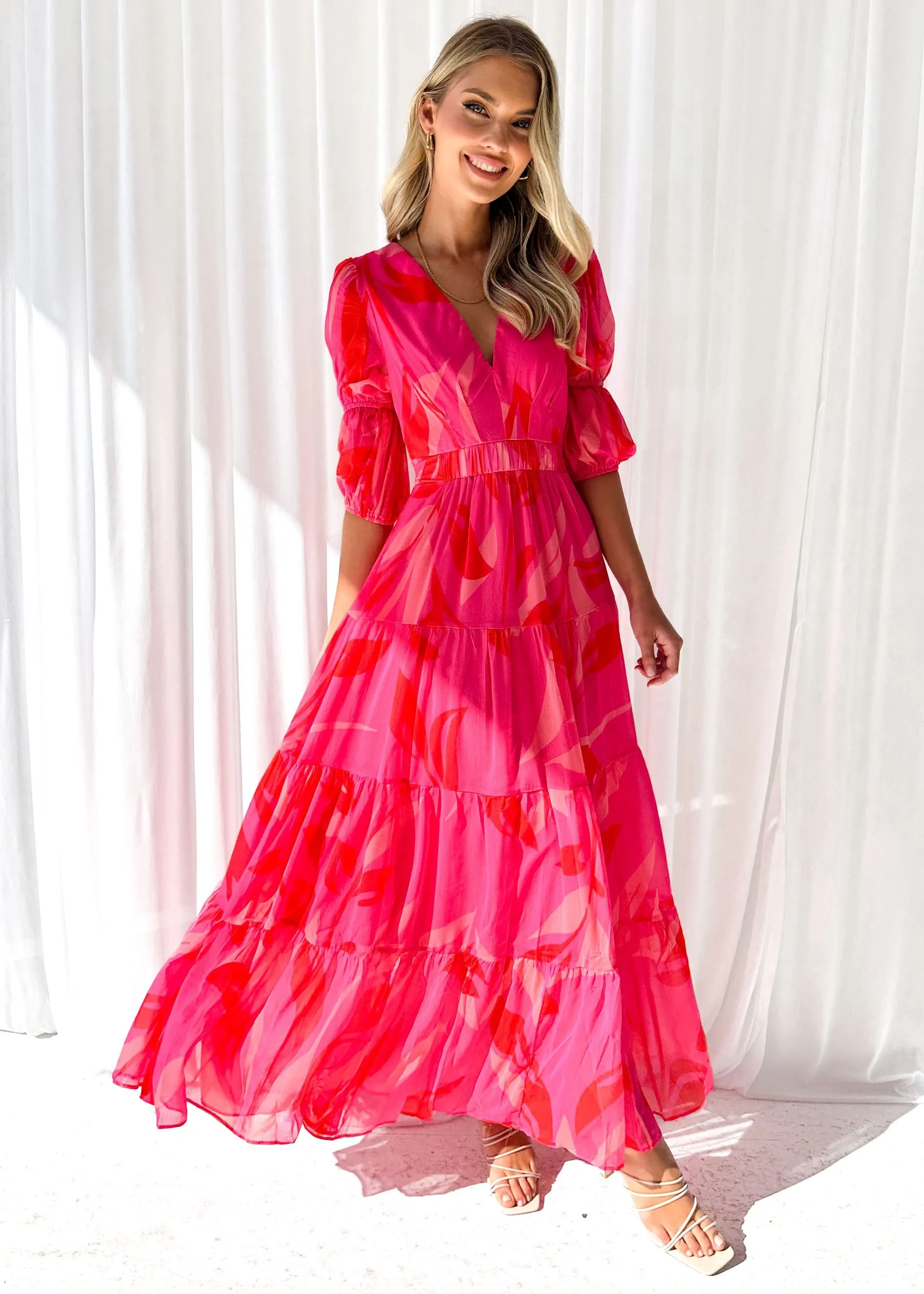 Isobel Midi Dress - Magenta Leaf sold by Gingham & Heels