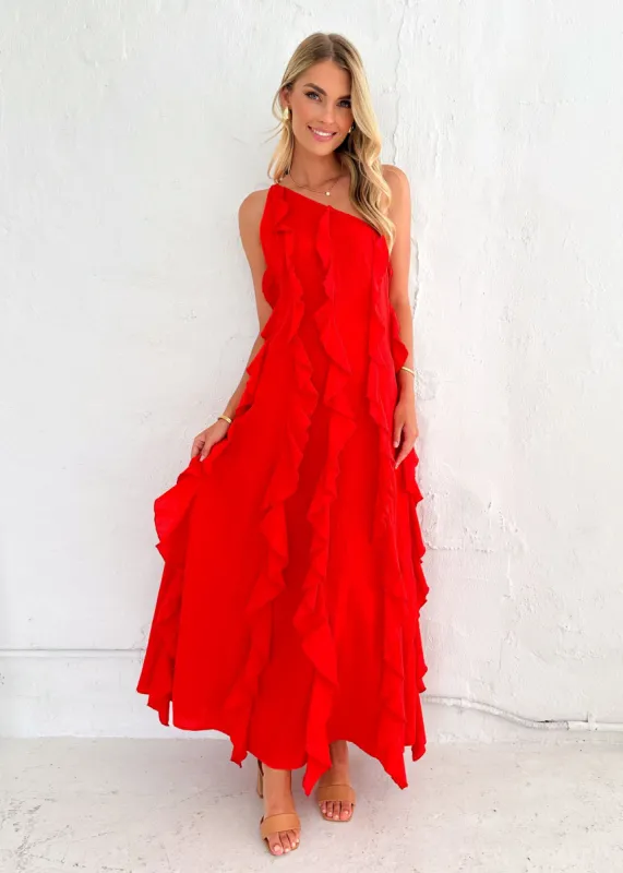 Madro One Shoulder Midi Dress - Red sold by Gingham & Heels