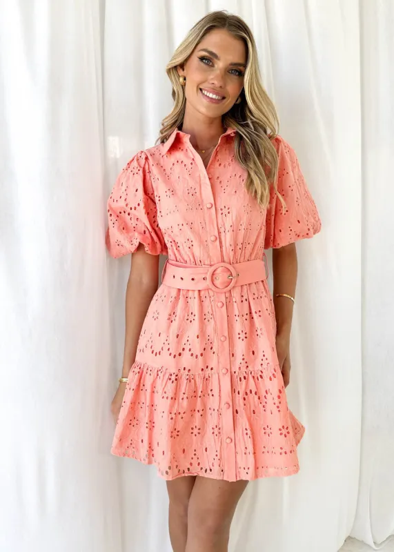 Joleena Dress - Coral Anglaise sold by Gingham & Heels
