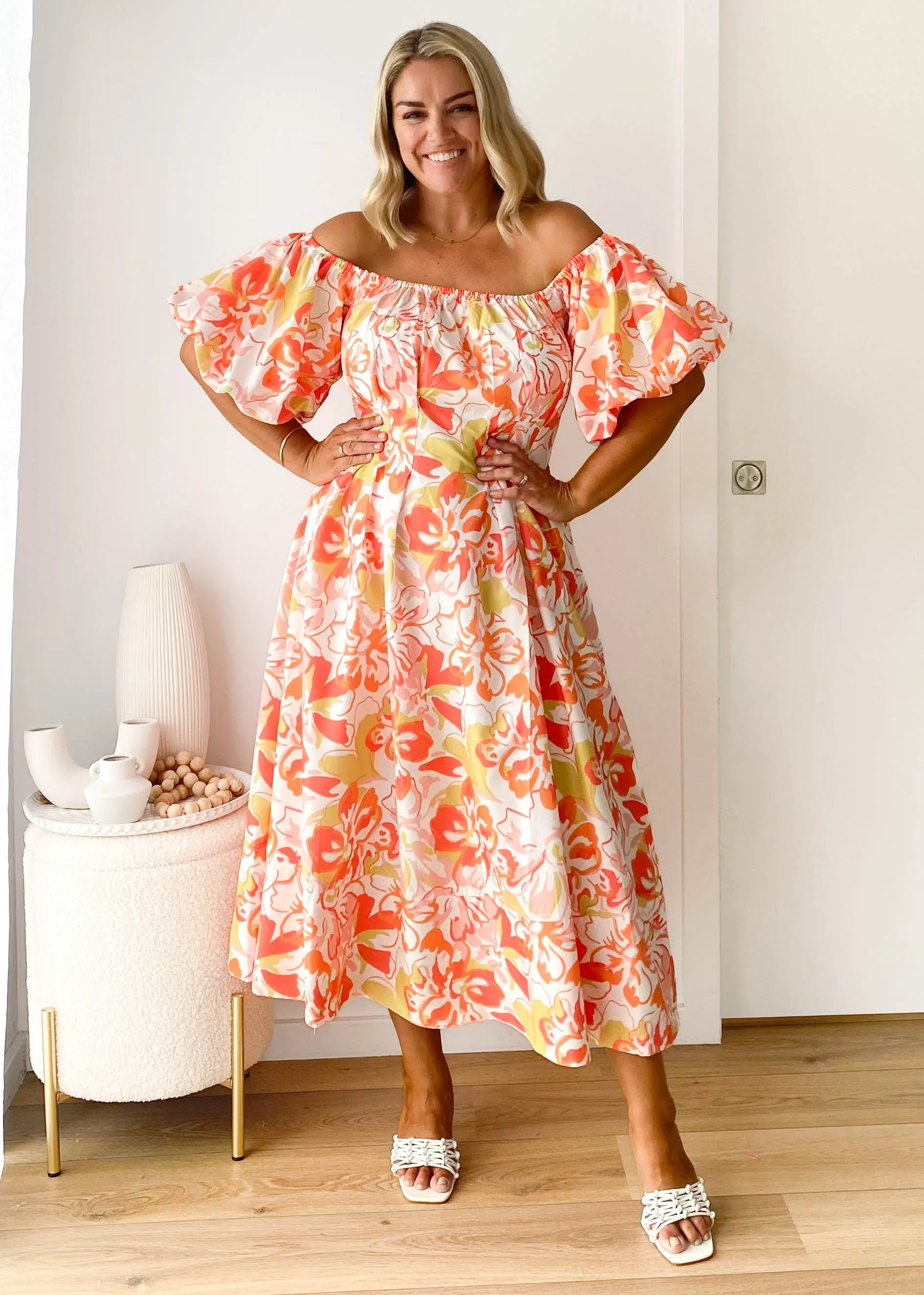 Jasmyn Off Shoulder Midi Dress - Mango Hibiscus sold by Gingham & Heels product image thumbnail 2
