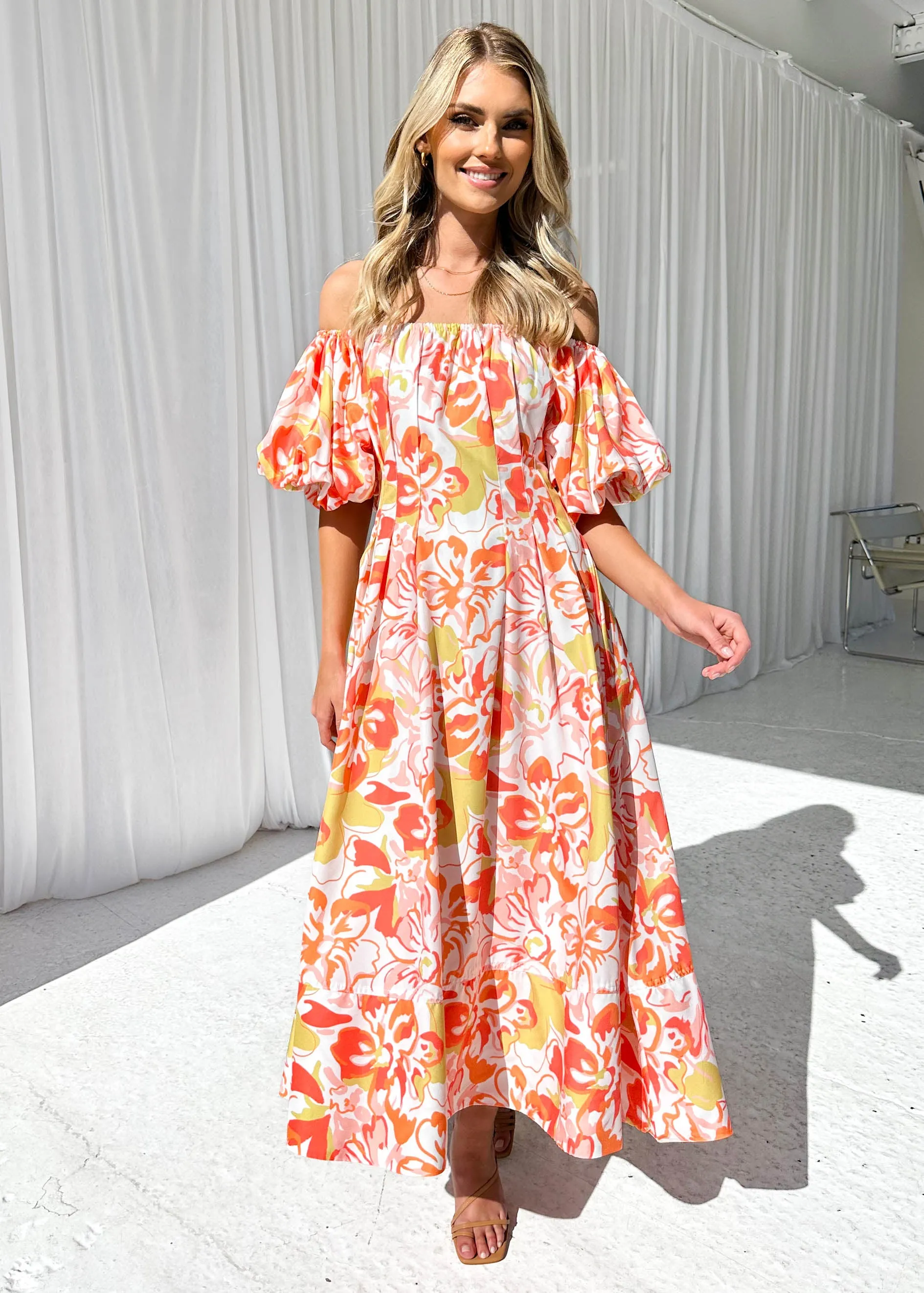 Jasmyn Off Shoulder Midi Dress - Mango Hibiscus sold by Gingham & Heels