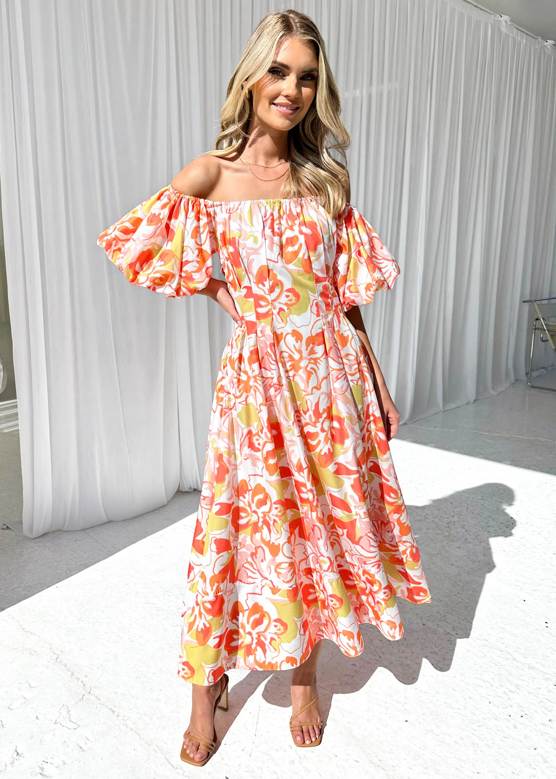 Jasmyn Off Shoulder Midi Dress - Mango Hibiscus sold by Gingham & Heels product image thumbnail 5