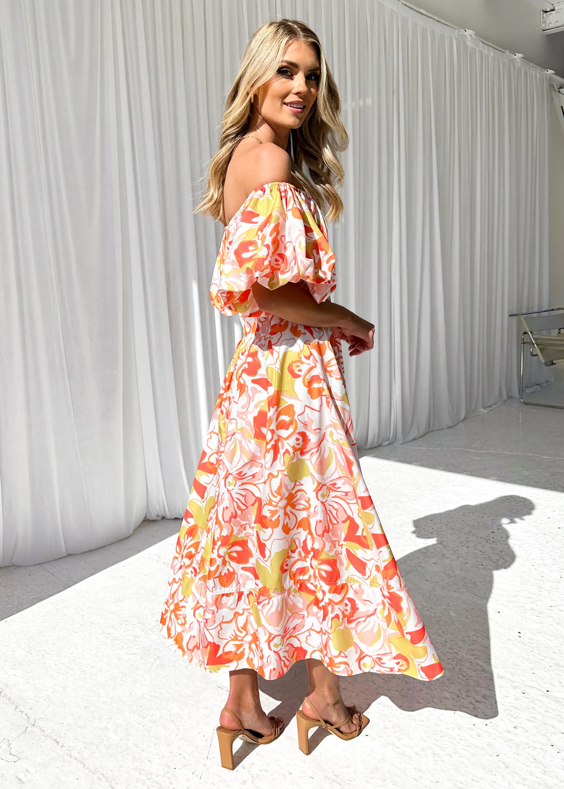 Jasmyn Off Shoulder Midi Dress - Mango Hibiscus sold by Gingham & Heels product image thumbnail 3