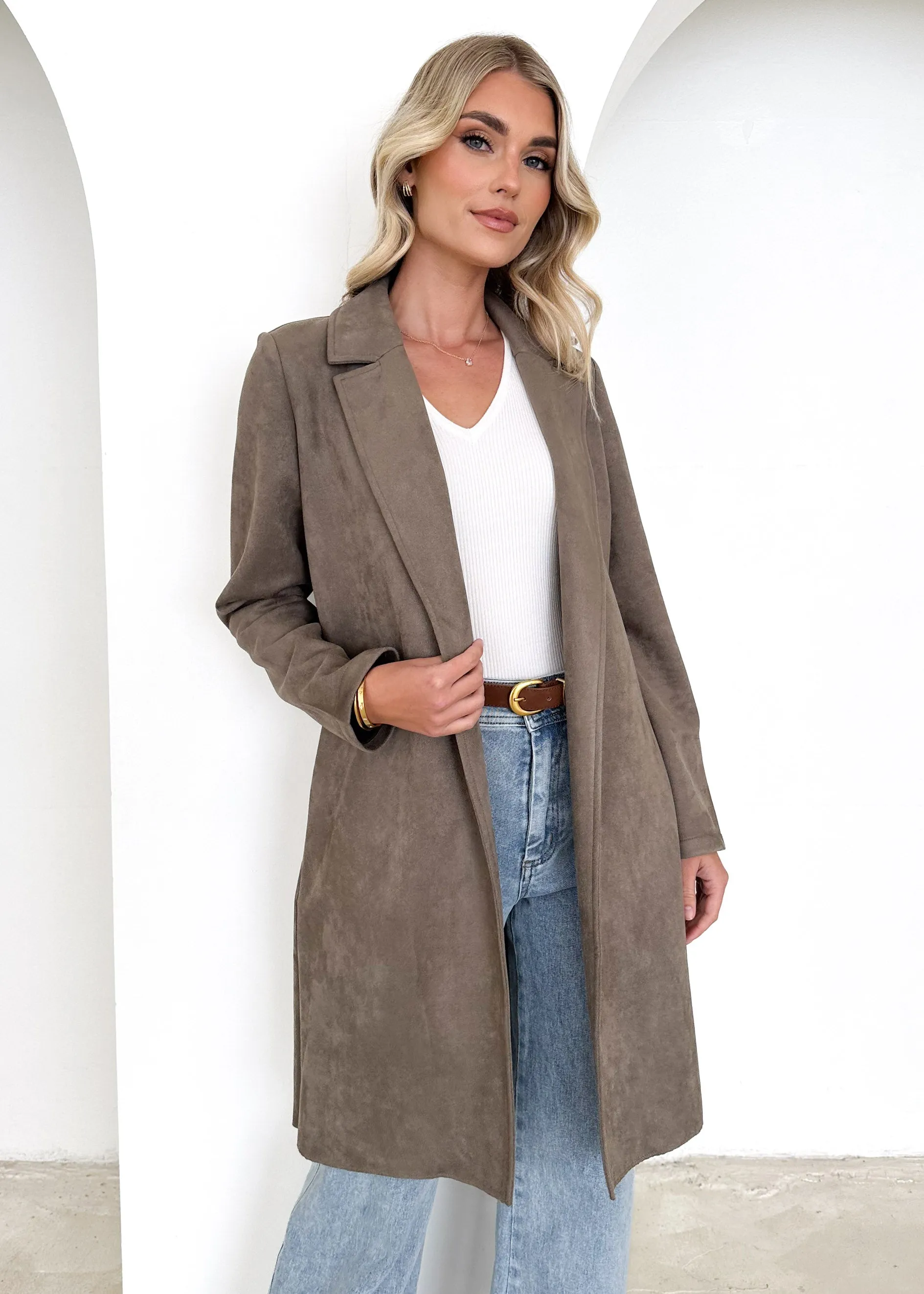 Brooklyn Suede Coatigan - Taupe sold by Gingham & Heels