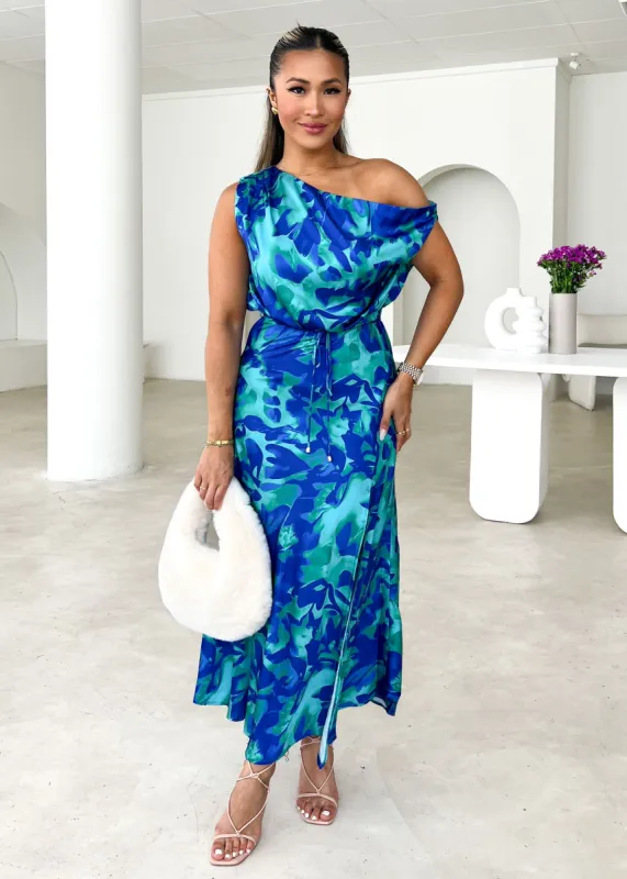 Lelo One Shoulder Midi Dress - Cobalt Abstract sold by Gingham & Heels