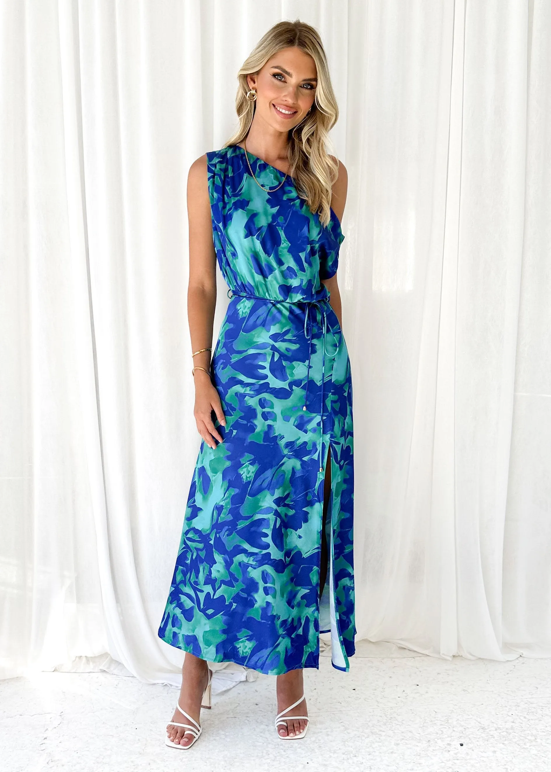 Lelo One Shoulder Midi Dress - Cobalt Abstract sold by Gingham & Heels product image thumbnail 4