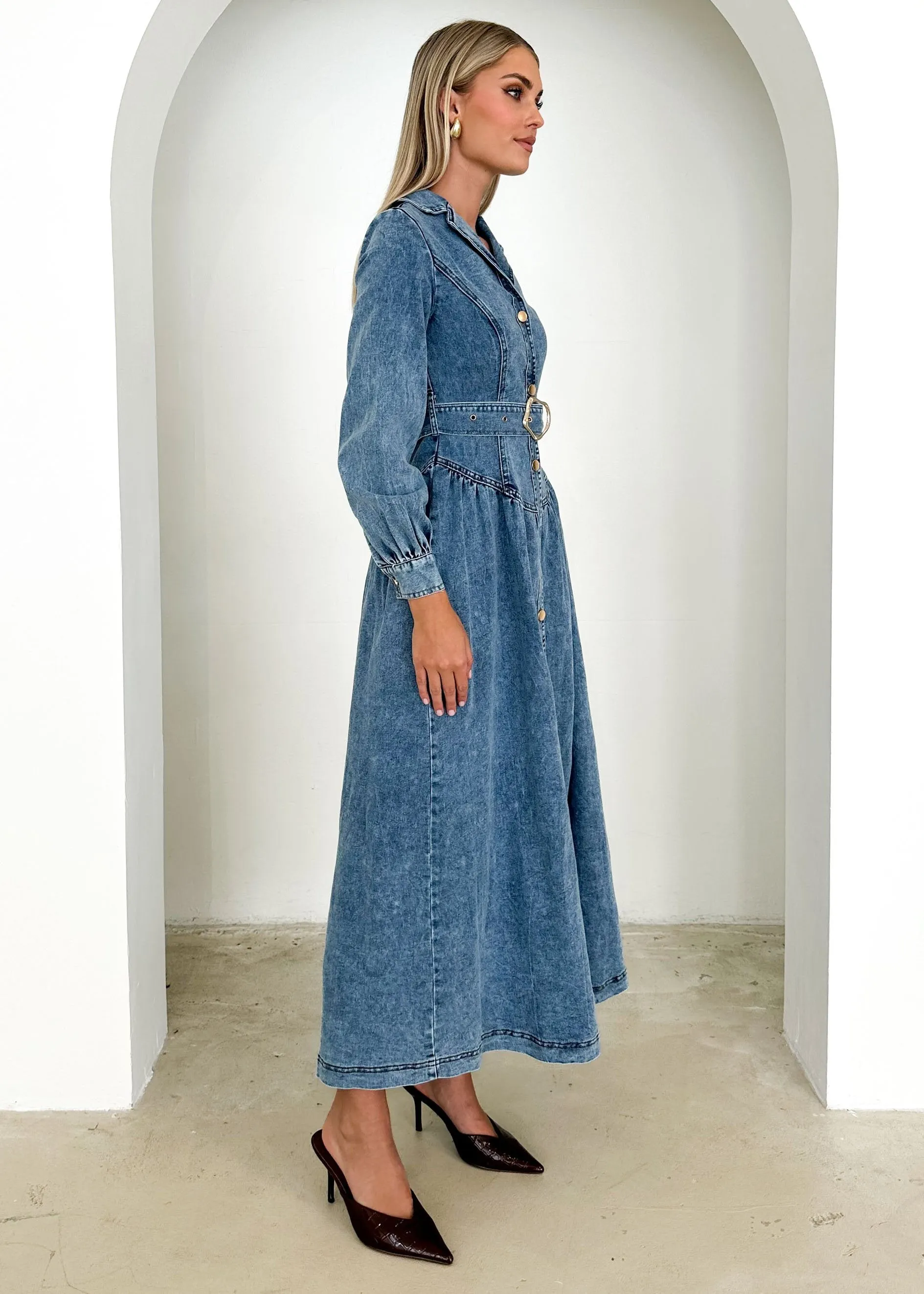 Dazer Denim Maxi Dress - Mid Blue sold by Gingham & Heels product image thumbnail 4
