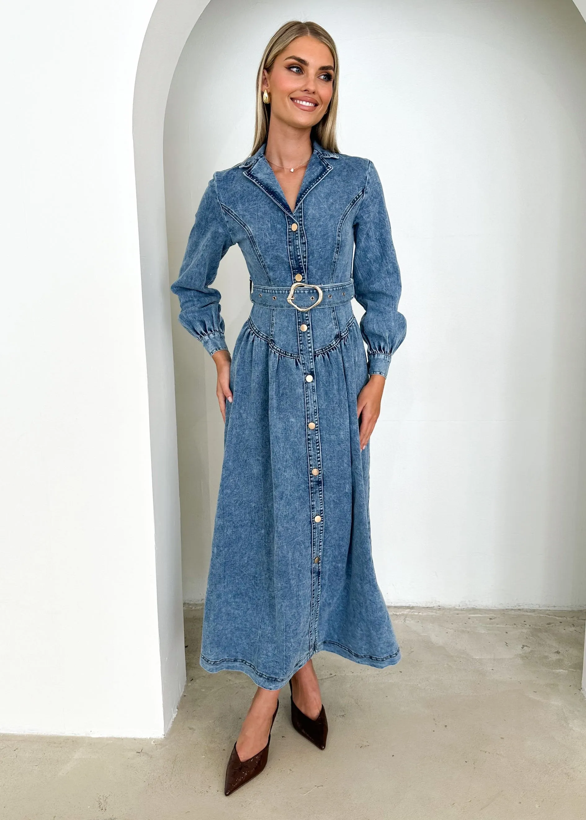 Dazer Denim Maxi Dress - Mid Blue sold by Gingham & Heels