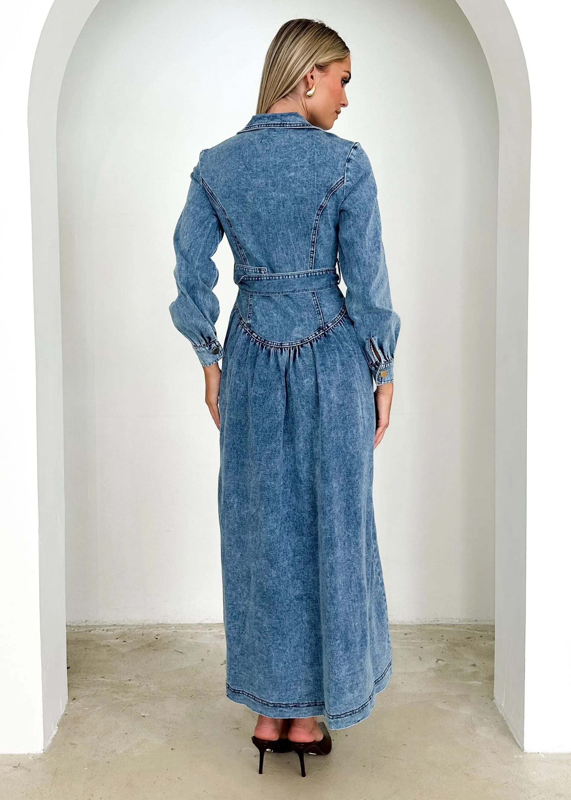 Dazer Denim Maxi Dress - Mid Blue sold by Gingham & Heels product image thumbnail 5
