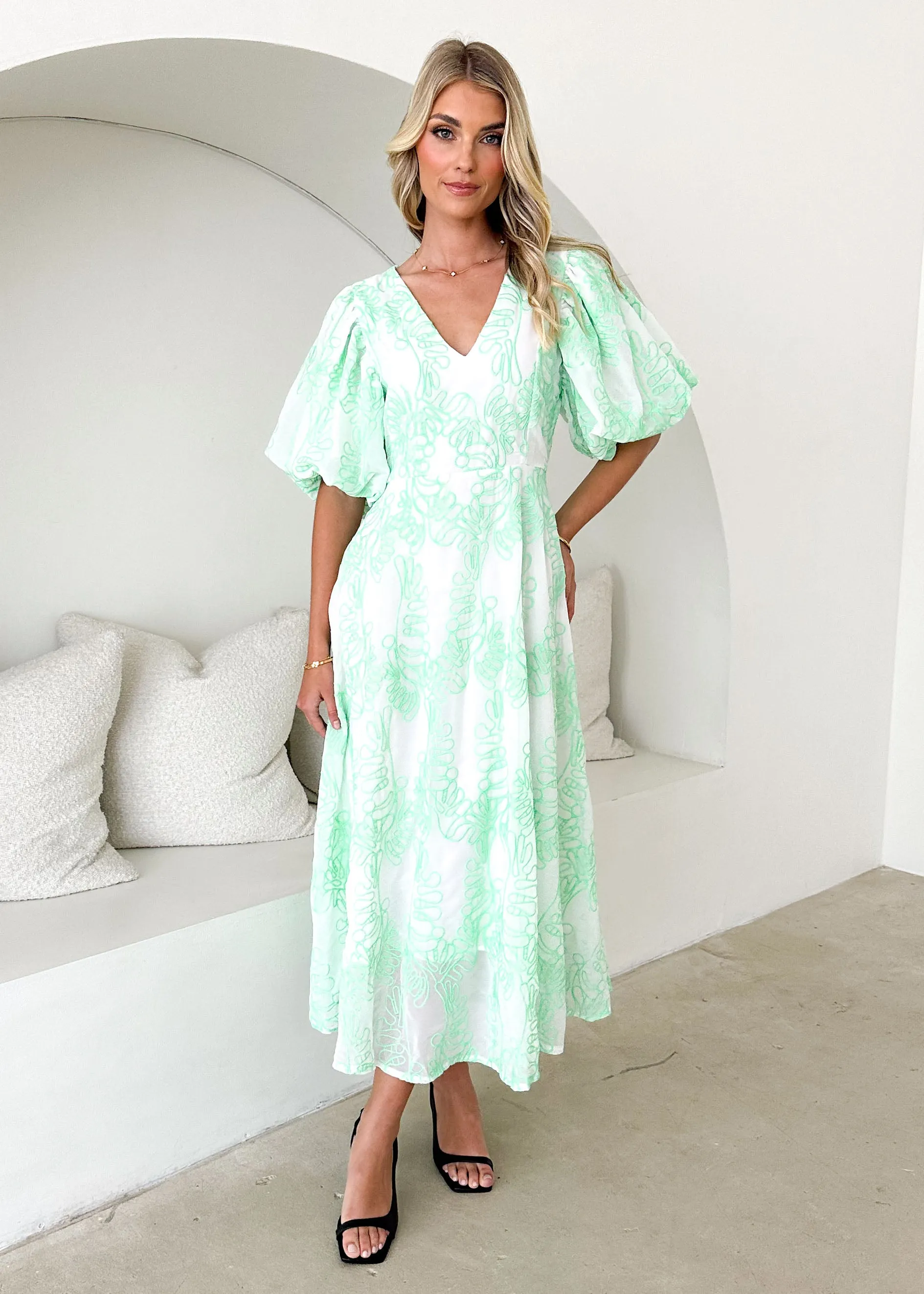 Ninetta Midi Dress - Green Embroidered sold by Gingham & Heels product image thumbnail 3