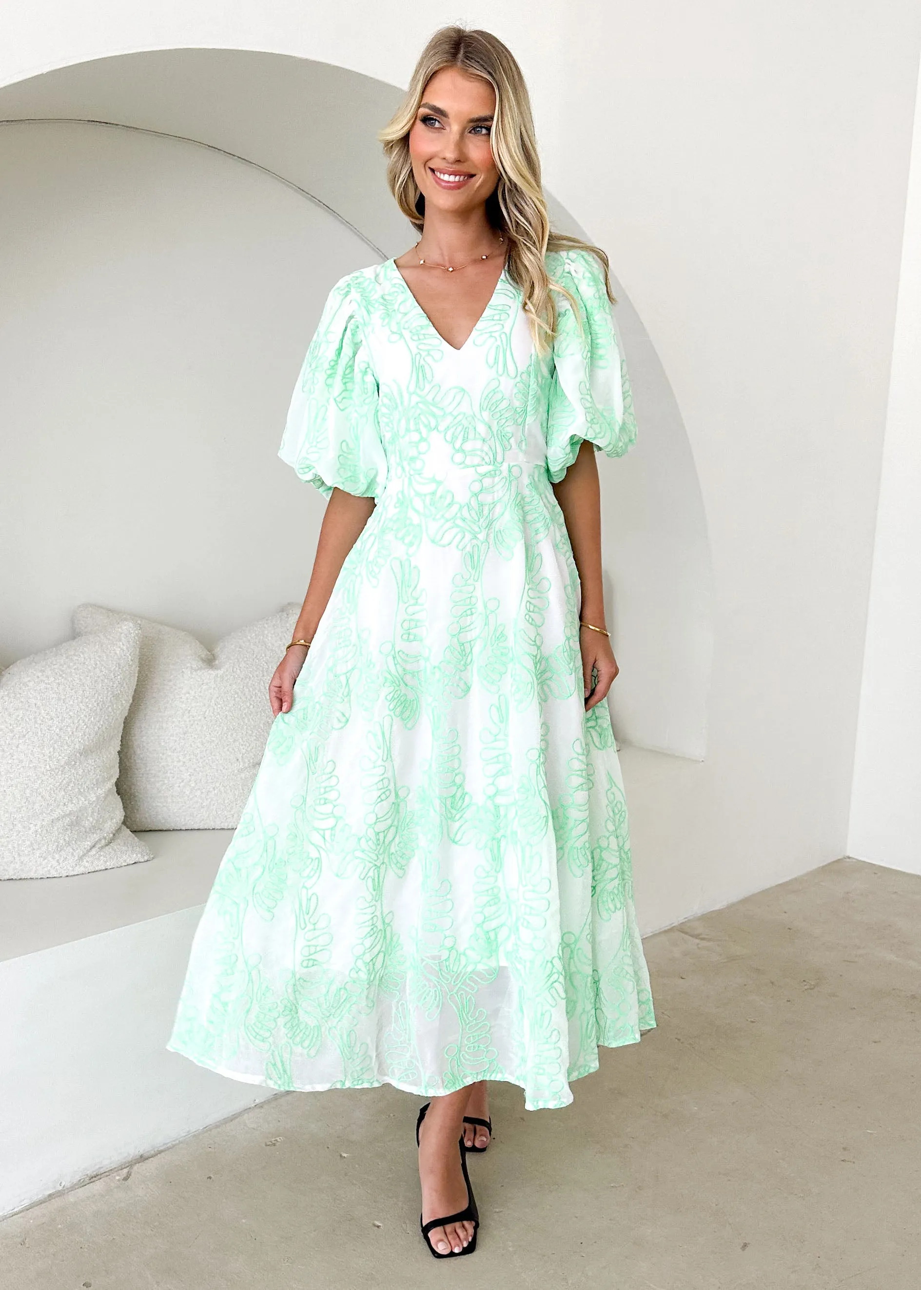 Ninetta Midi Dress - Green Embroidered sold by Gingham & Heels