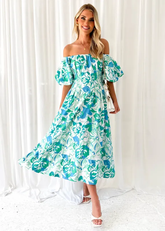 Jasmyn Off Shoulder Midi Dress - Mint Hibiscus sold by Gingham & Heels