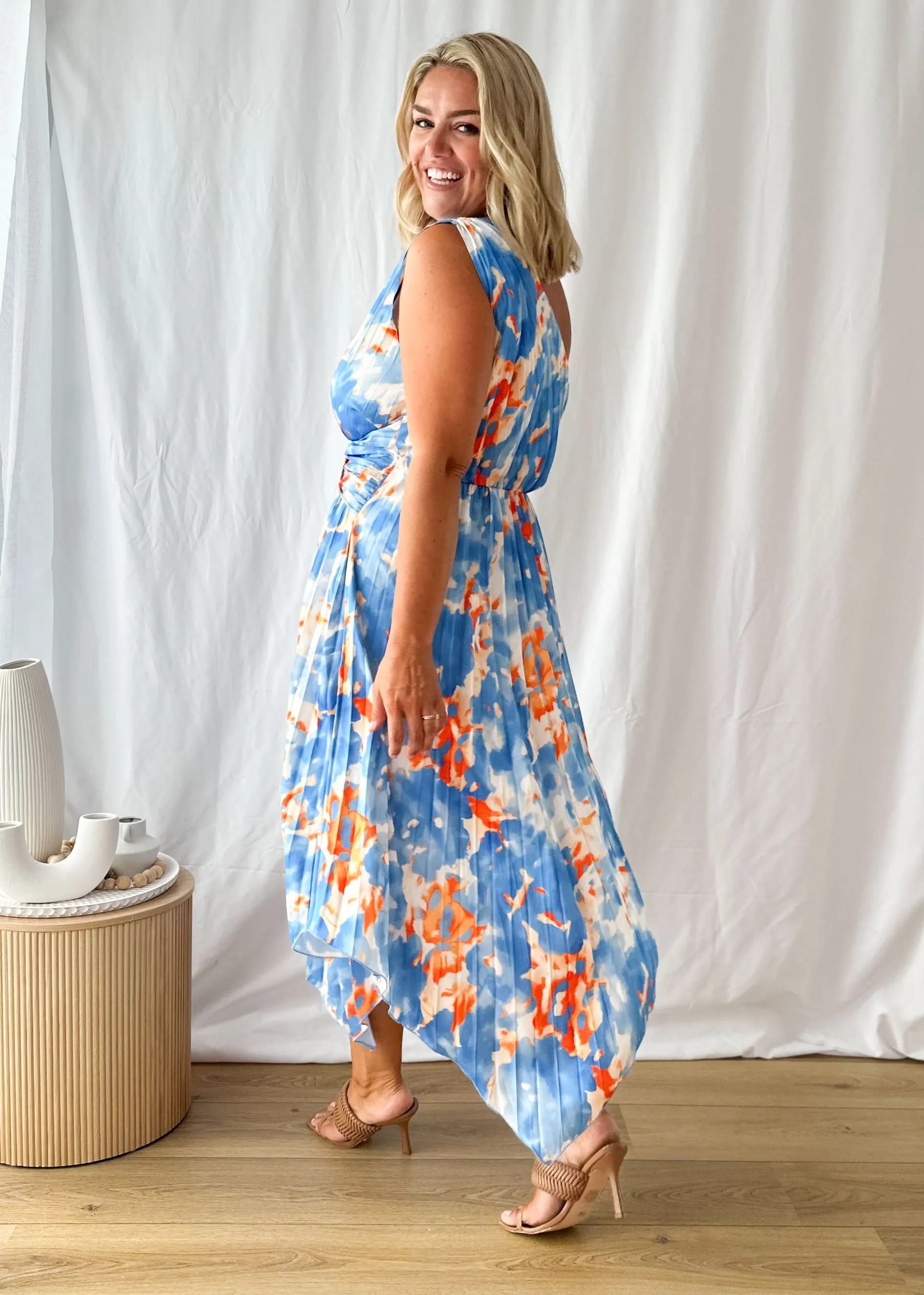 Kammie One Shoulder Midi Dress - Blue Watercolour sold by Gingham & Heels product image thumbnail 4