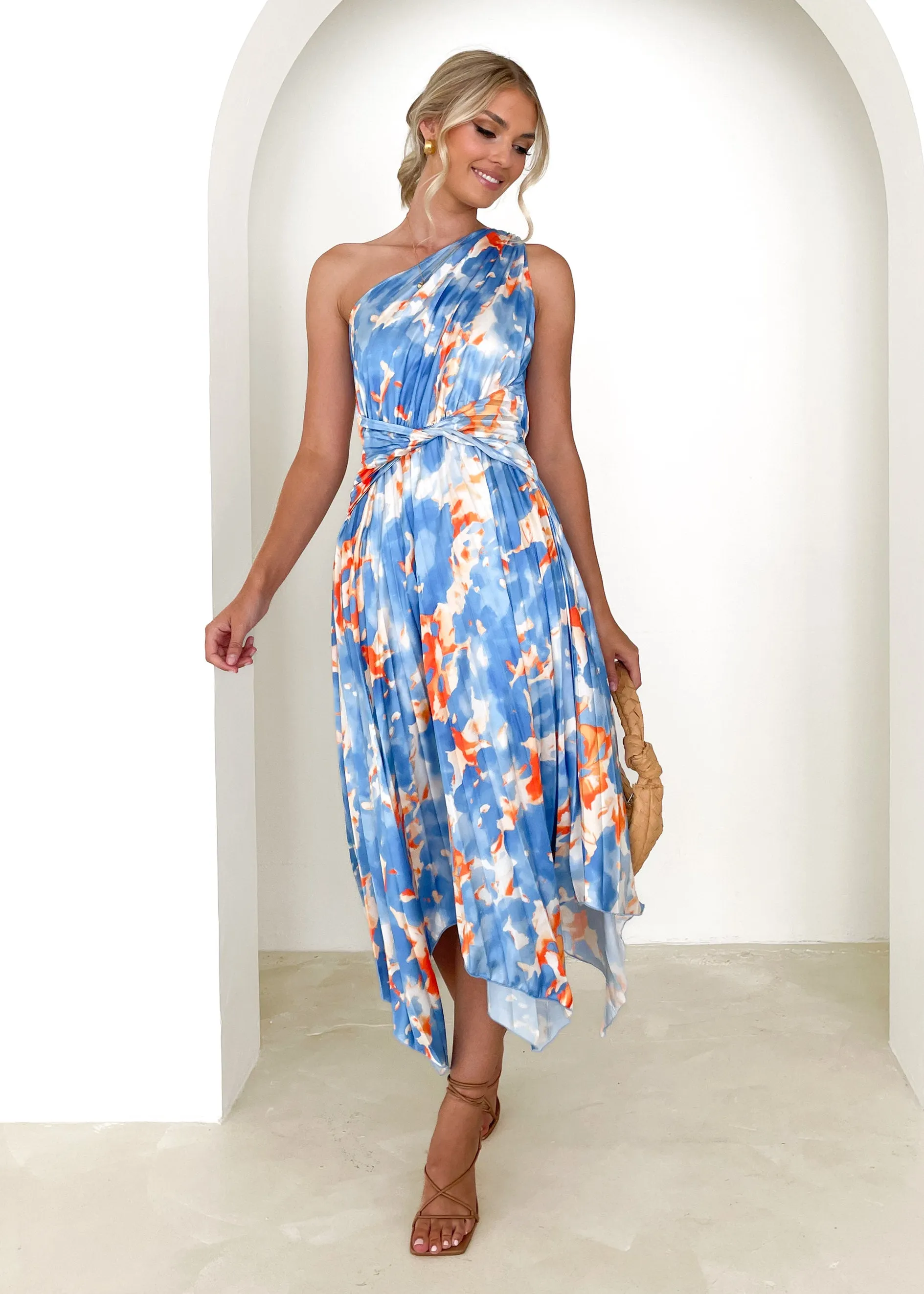 Kammie One Shoulder Midi Dress - Blue Watercolour sold by Gingham & Heels product image thumbnail 5