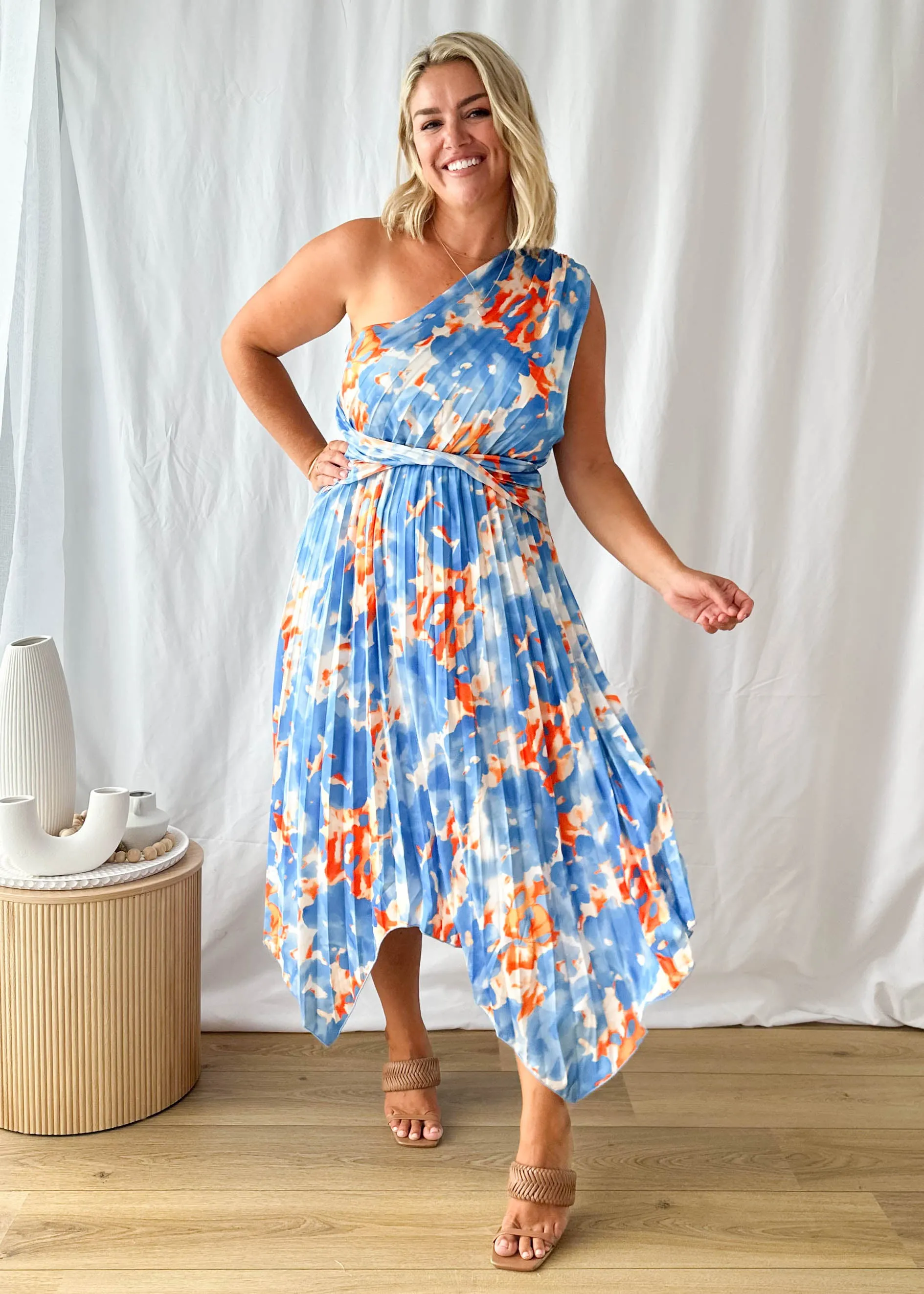 Kammie One Shoulder Midi Dress - Blue Watercolour sold by Gingham & Heels product image thumbnail 2