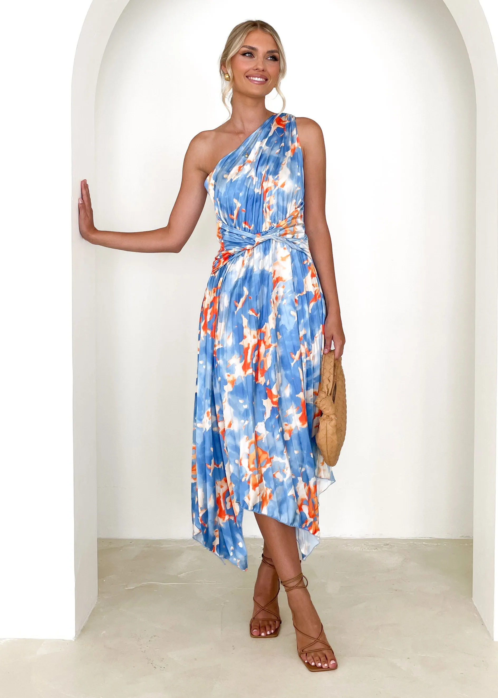 Kammie One Shoulder Midi Dress - Blue Watercolour sold by Gingham & Heels product image thumbnail 3