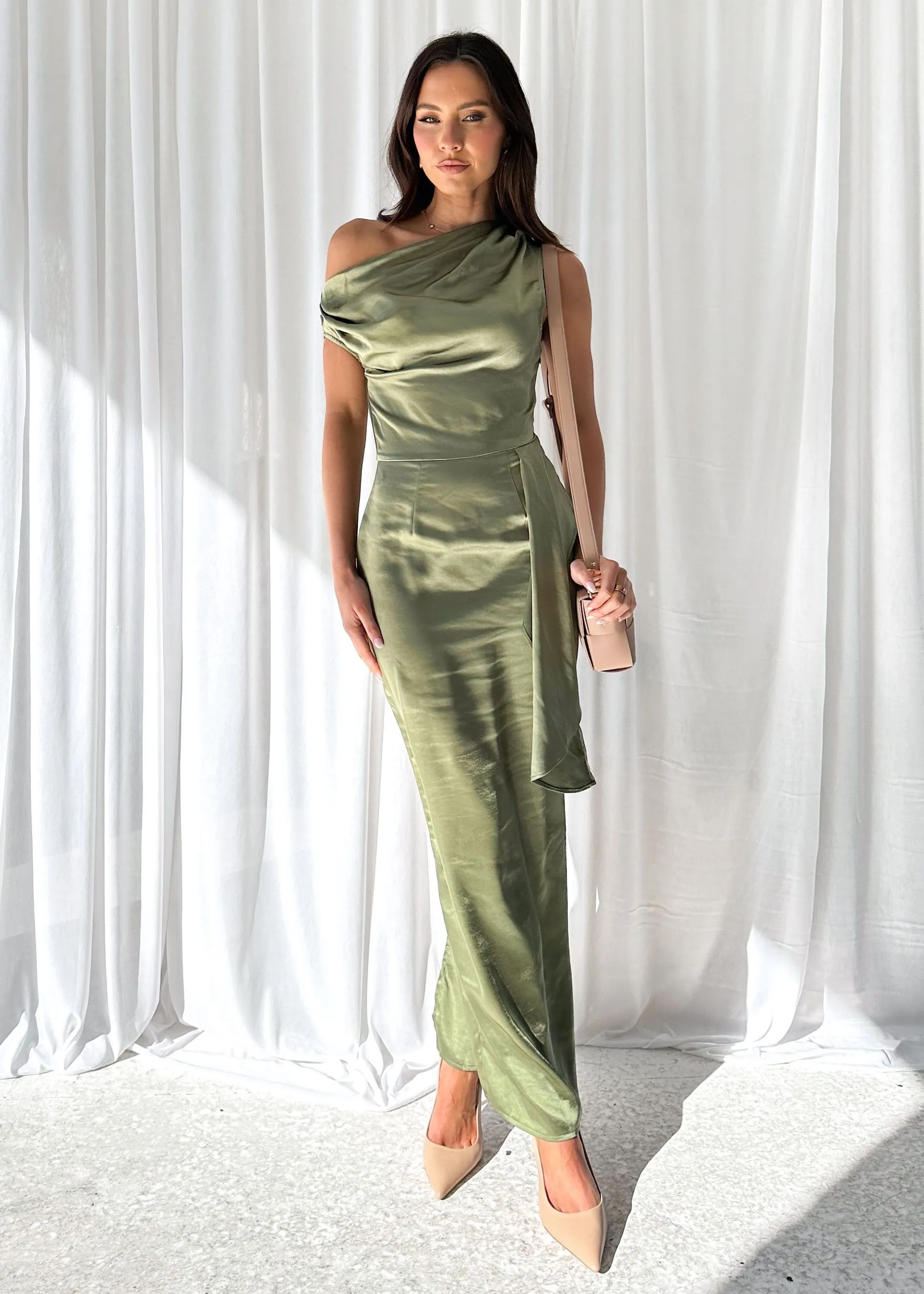 Lexrie One Shoulder Maxi Dress - Olive sold by Gingham & Heels product image thumbnail 2