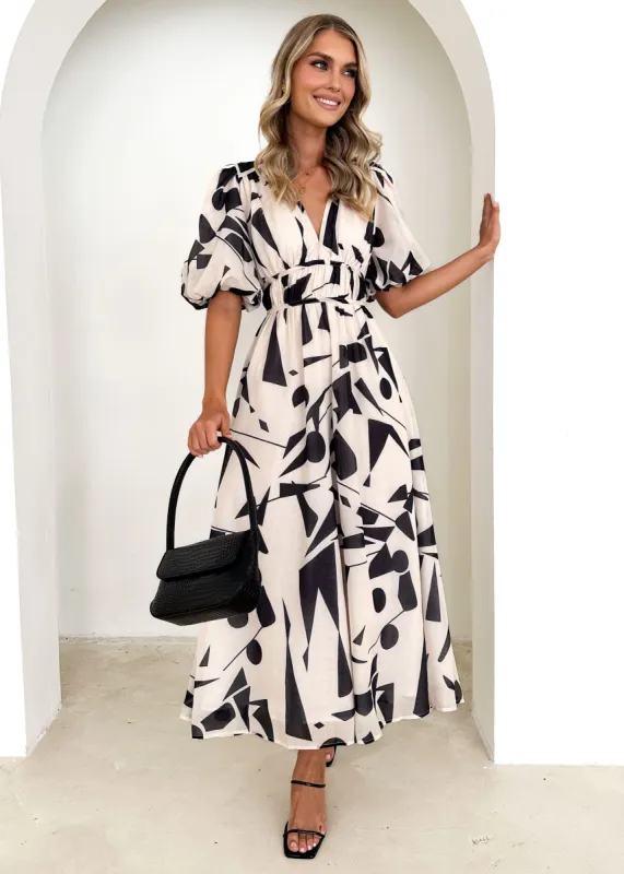 Sakura Midi Dress - Beige Geo sold by Gingham & Heels