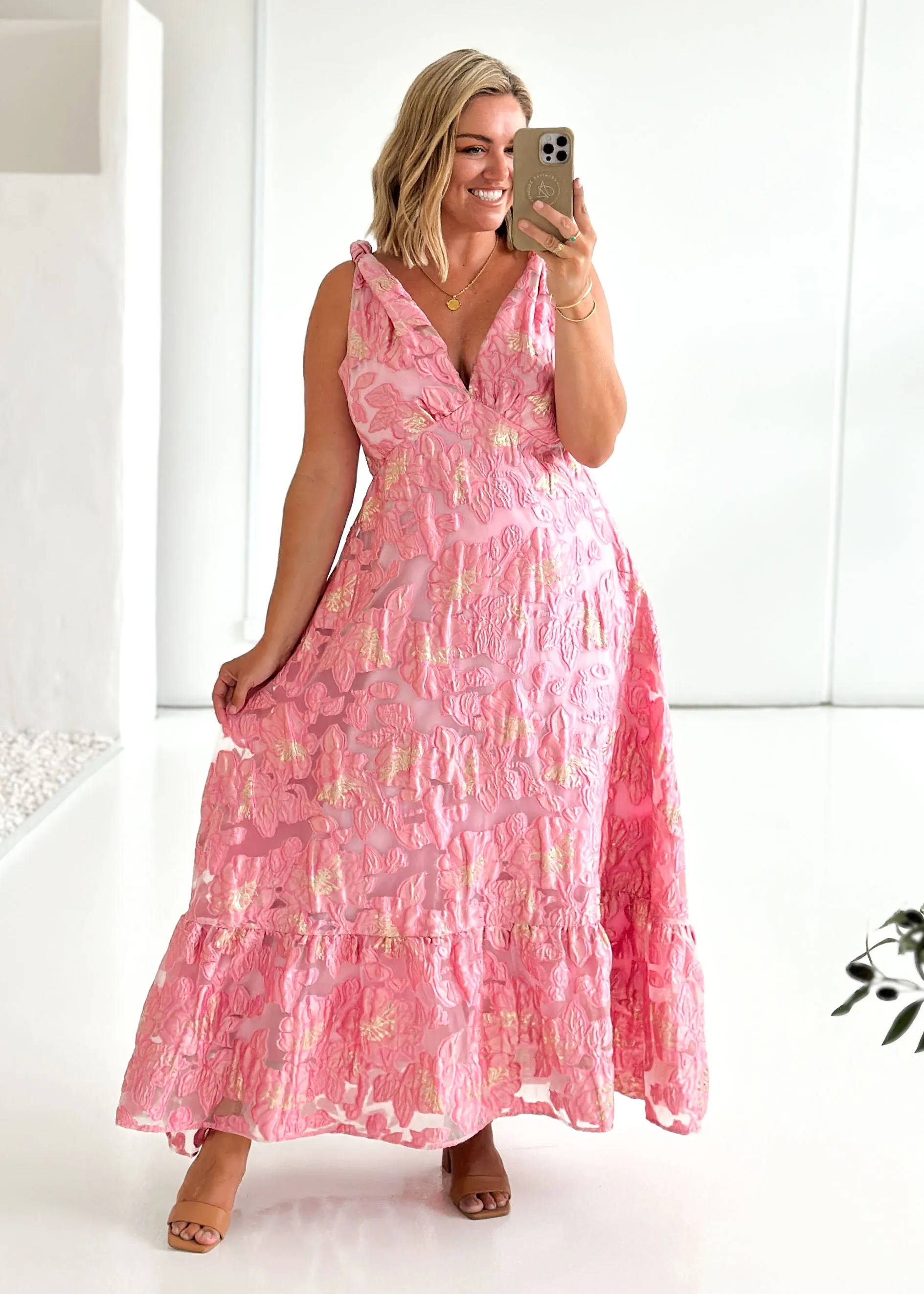Lusion Maxi Dress - Candy Pink Jacquard sold by Gingham & Heels product image thumbnail 2