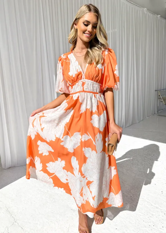 Safrina Midi Dress - Tangerine Floral sold by Gingham & Heels