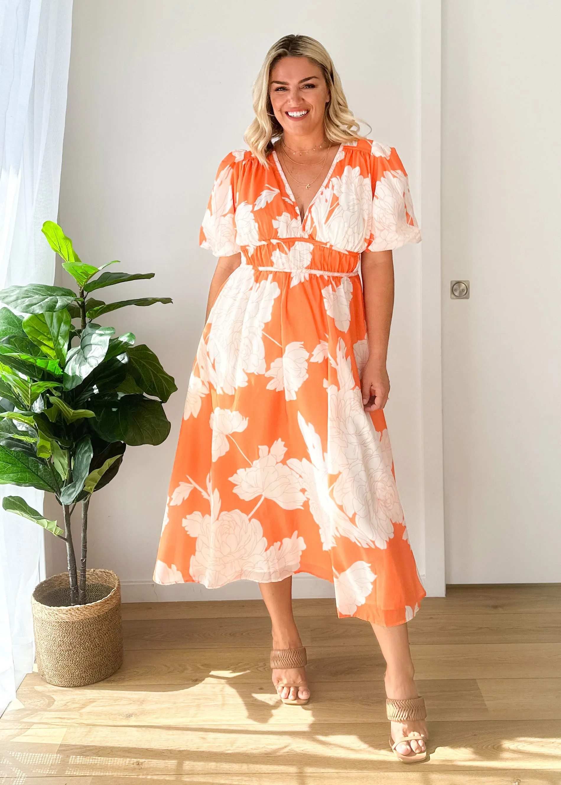 Safrina Midi Dress - Tangerine Floral sold by Gingham & Heels product image thumbnail 2