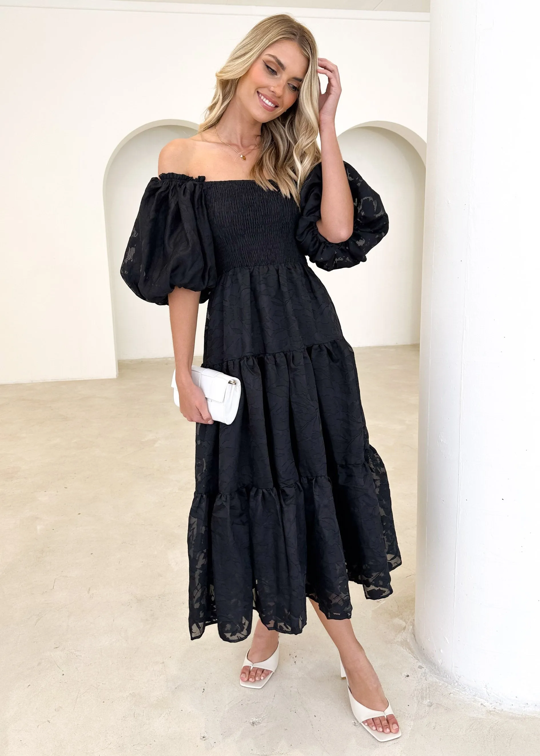 Irma Off Shoulder Midi Dress - Black sold by Gingham & Heels