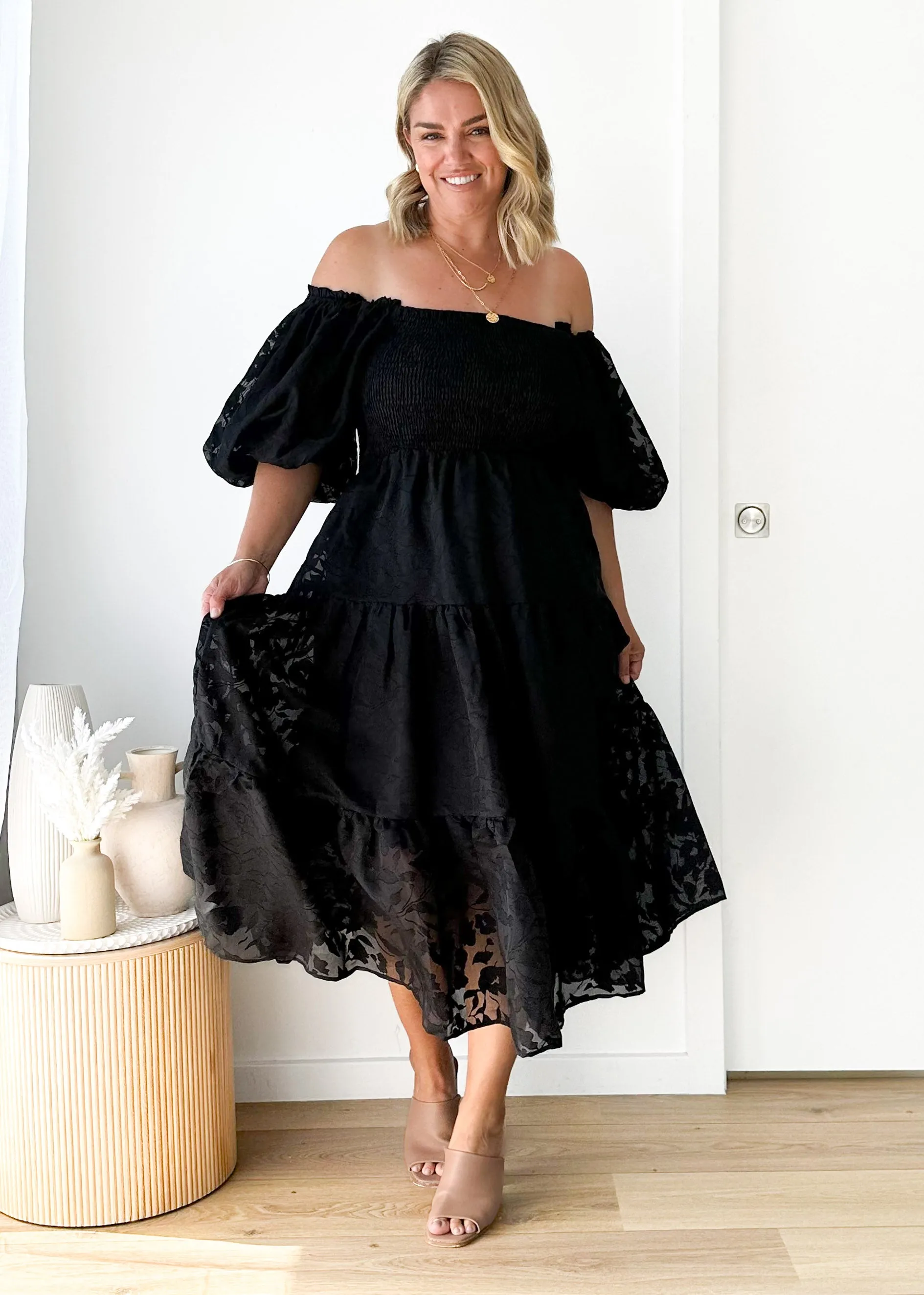 Irma Off Shoulder Midi Dress - Black sold by Gingham & Heels product image thumbnail 2